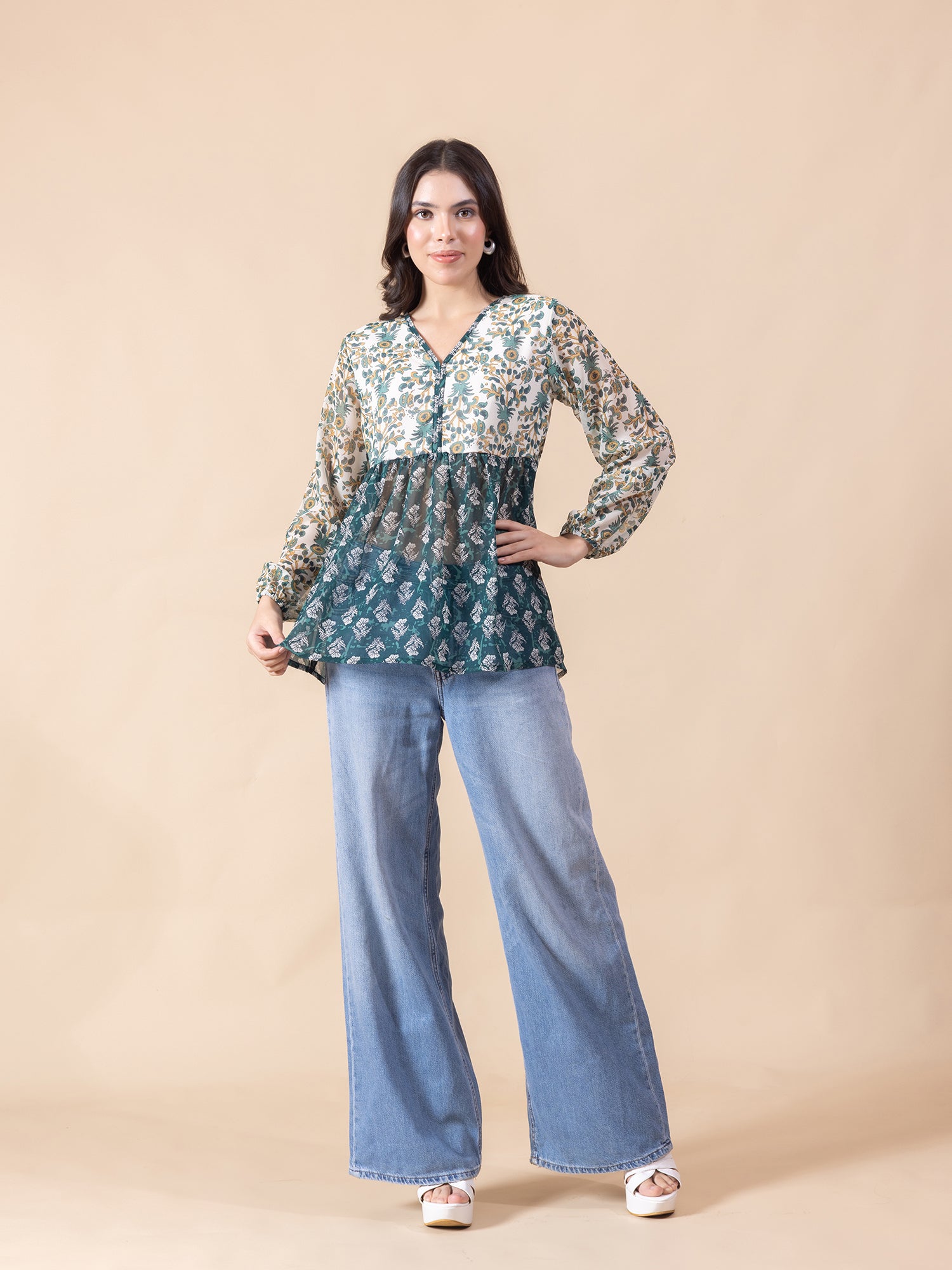 Masami Women Poly Georgette Floral Green Top