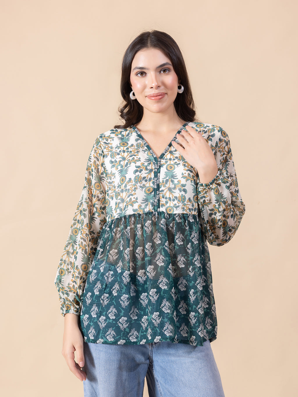 Masami Women Poly Georgette Floral Green Top