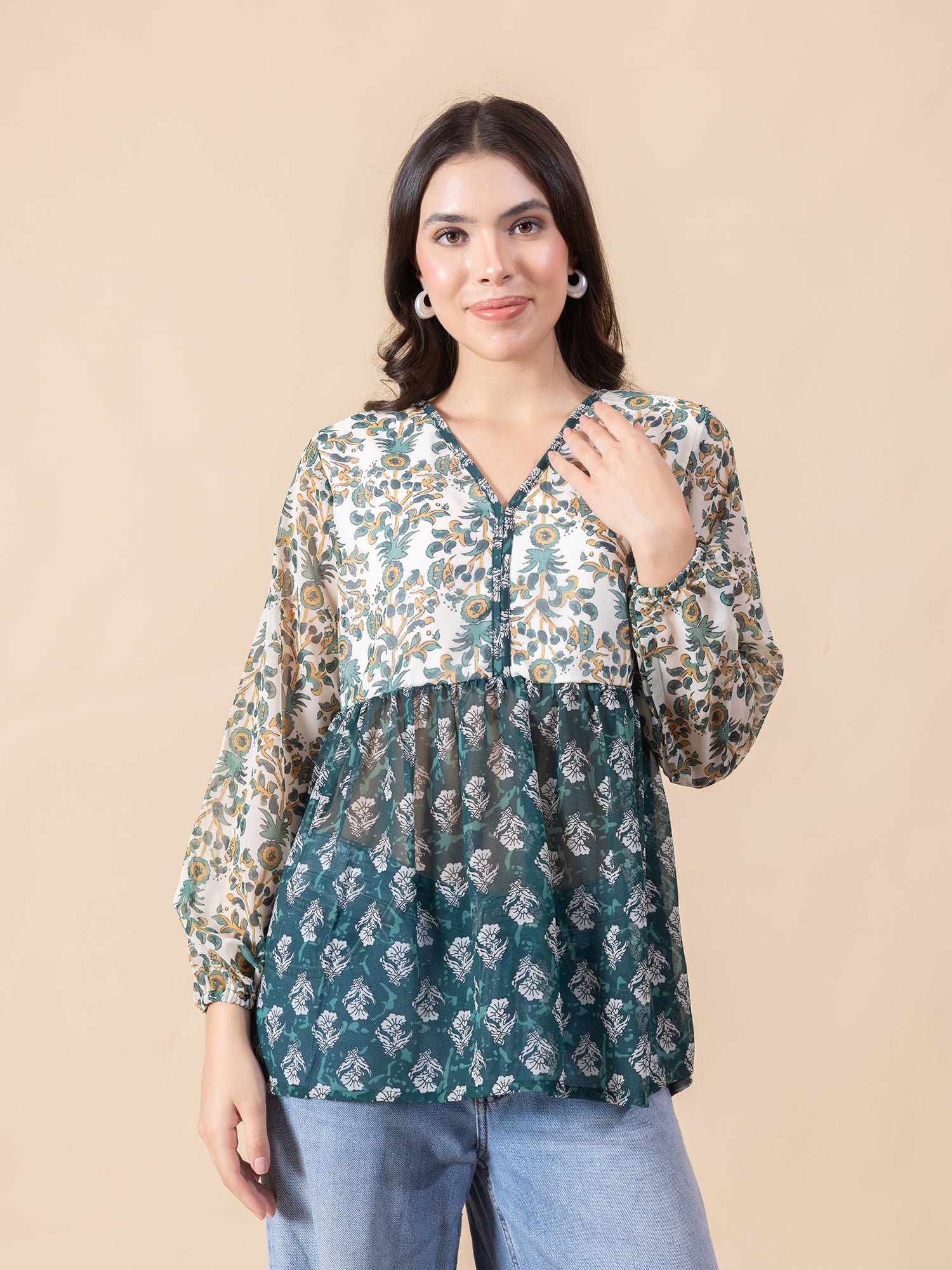 Masami Women Poly Georgette Floral Green Top