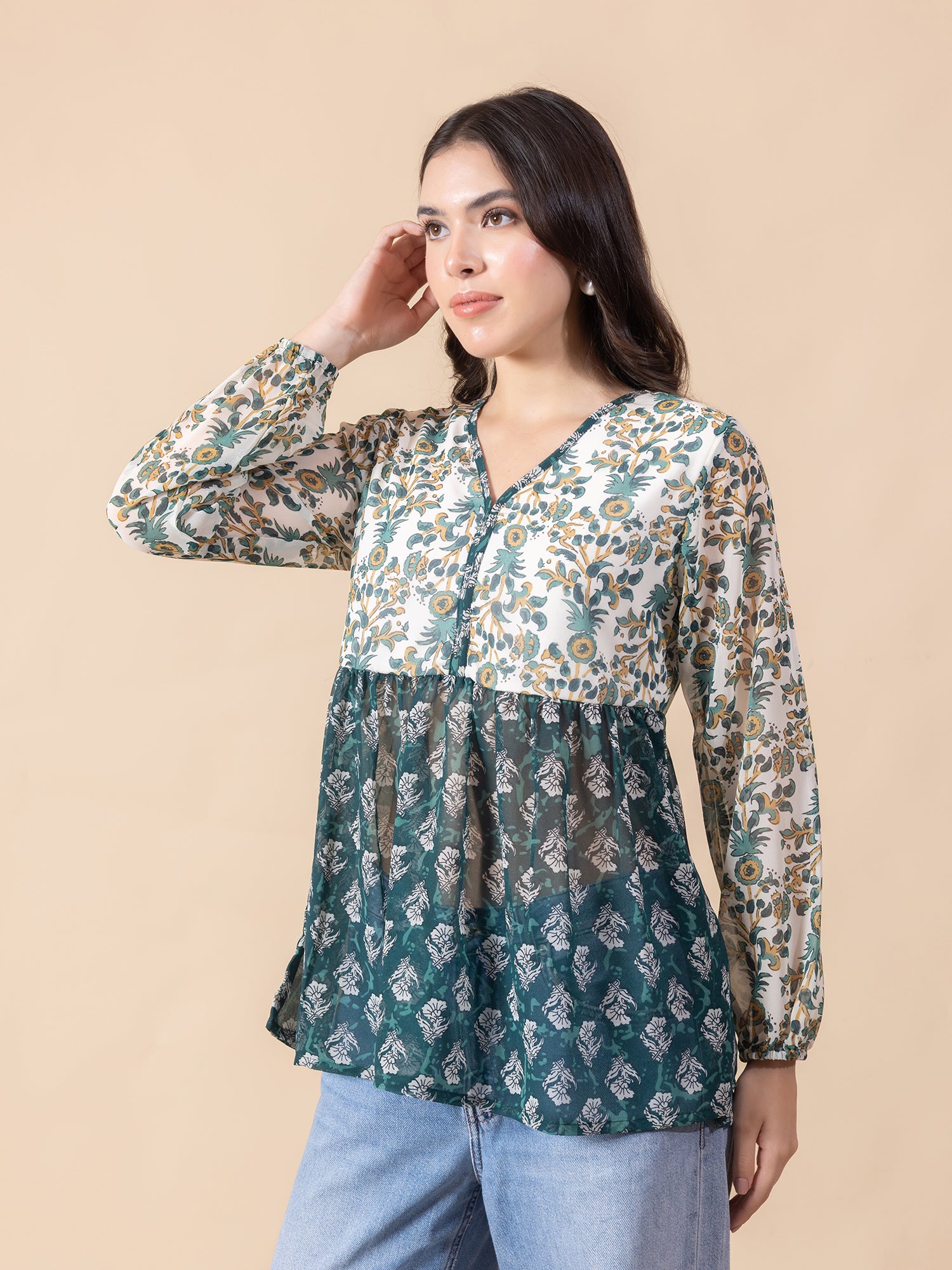 Masami Women Poly Georgette Floral Green Top