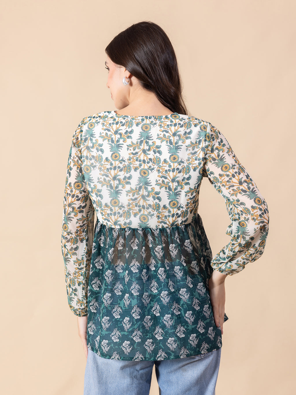 Masami Women Poly Georgette Floral Green Top