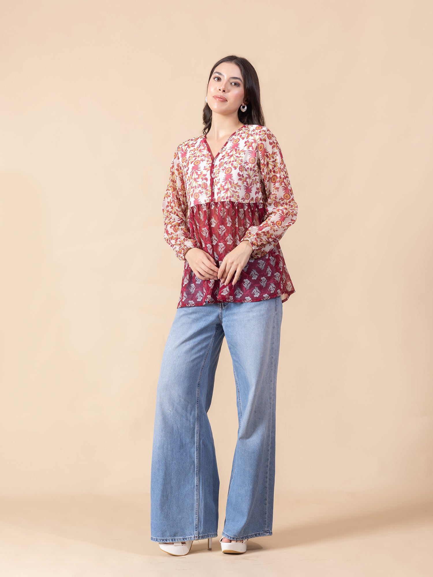 Women Maroon and White Floral Printed Top