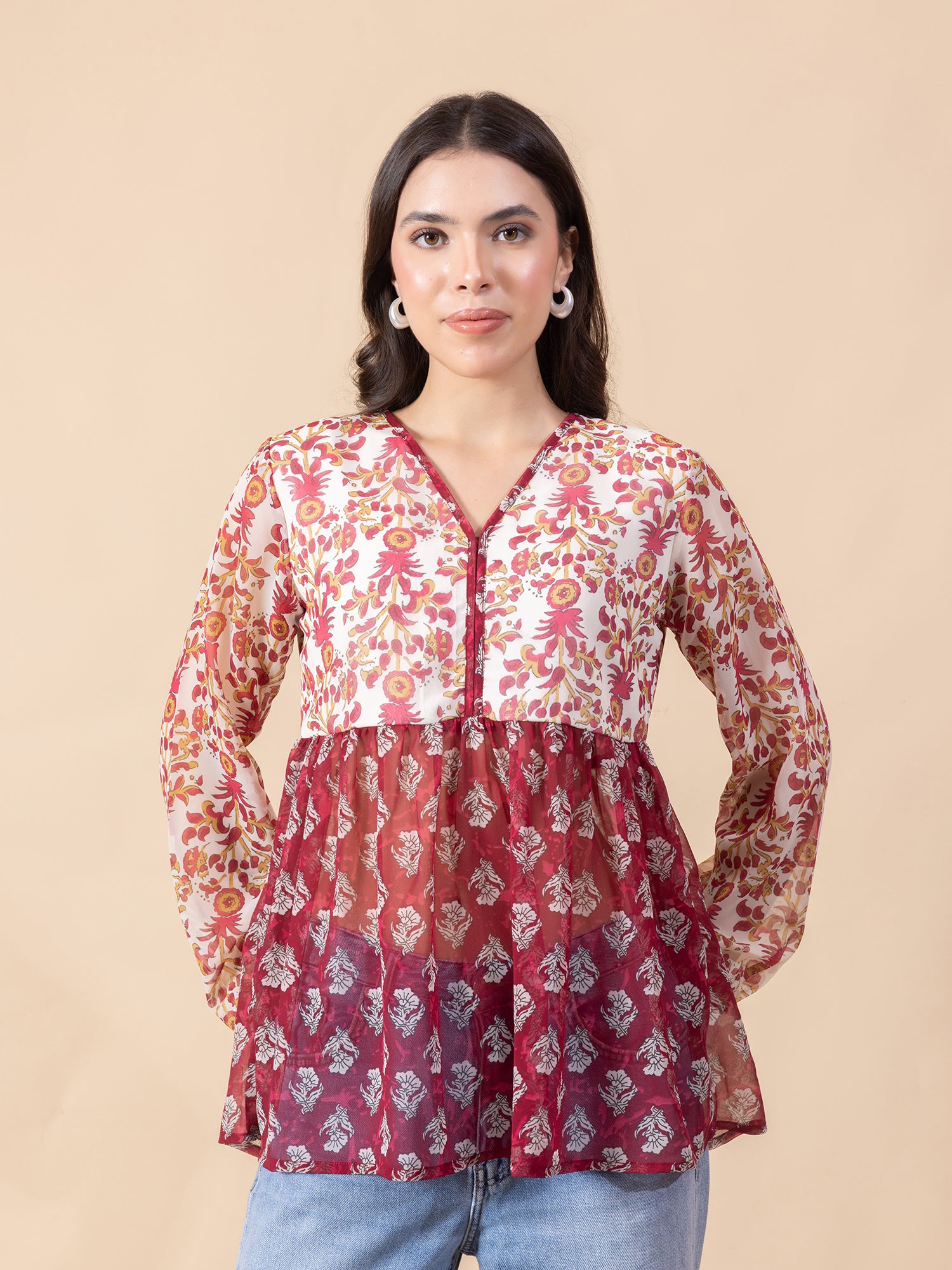 Women Maroon and White Floral Printed Top