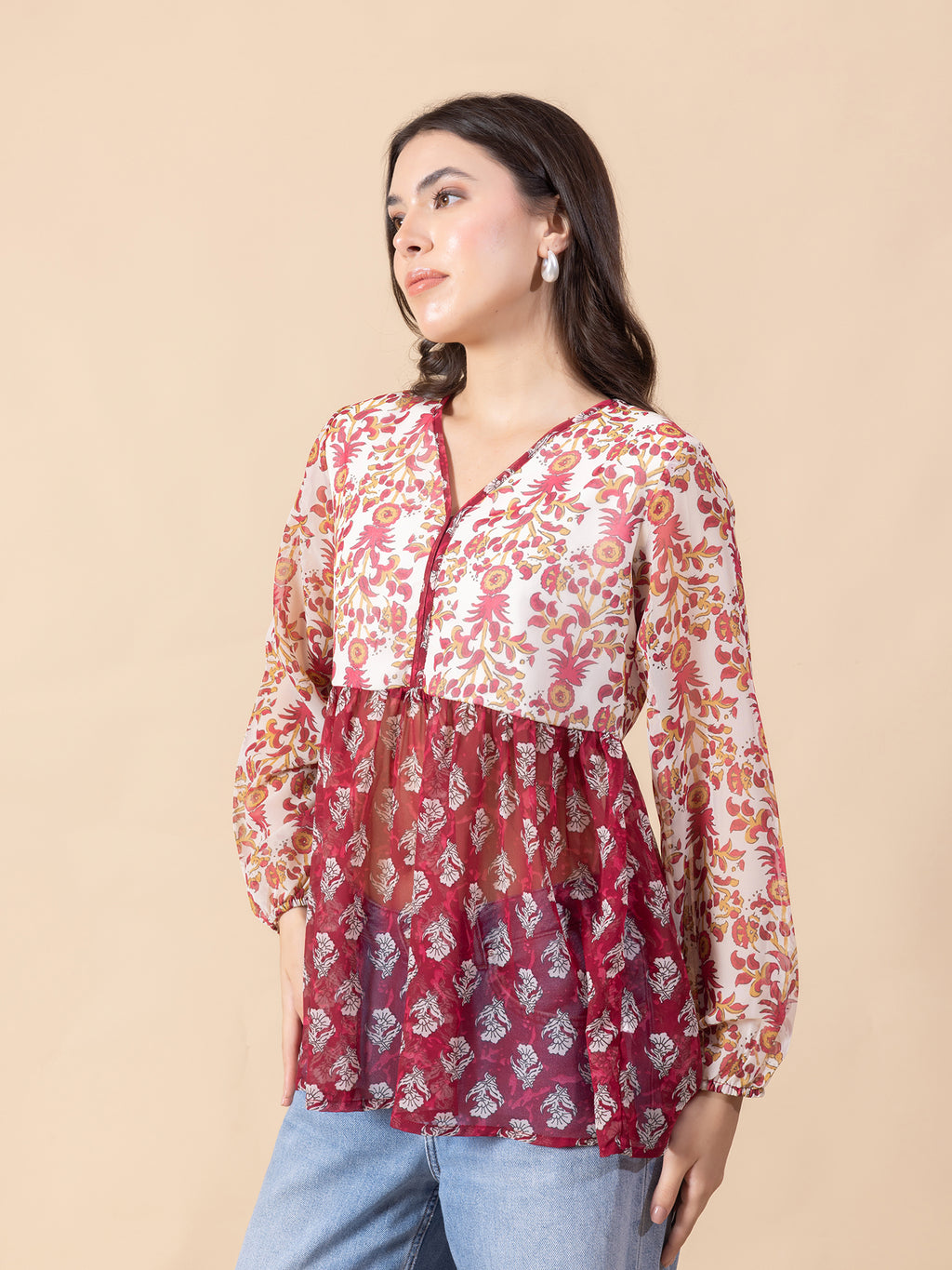Women Maroon and White Floral Printed Top