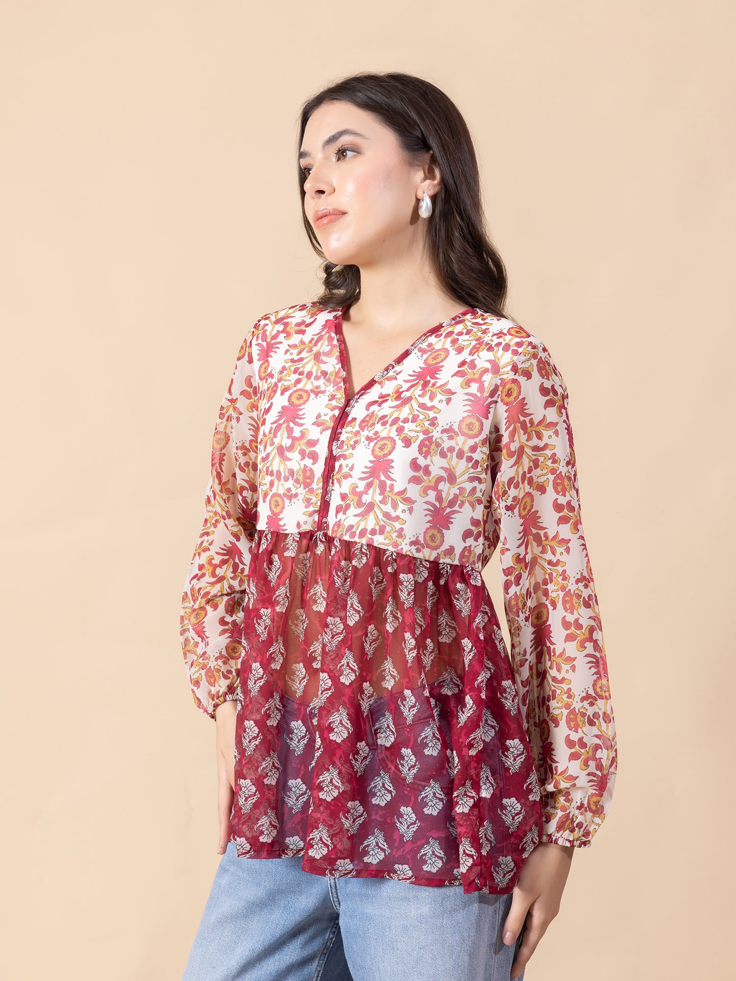 Women Maroon and White Floral Printed Top