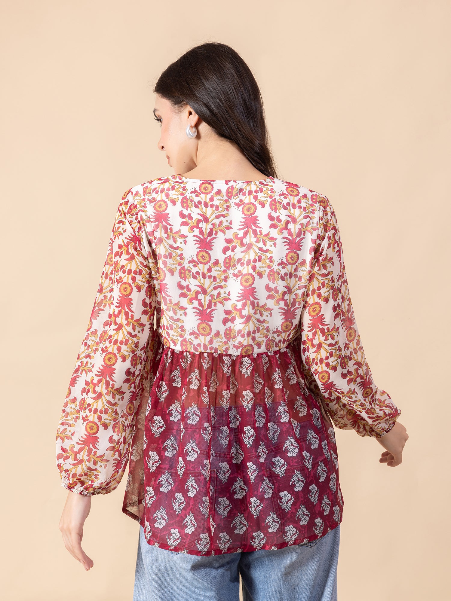 Women Maroon and White Floral Printed Top