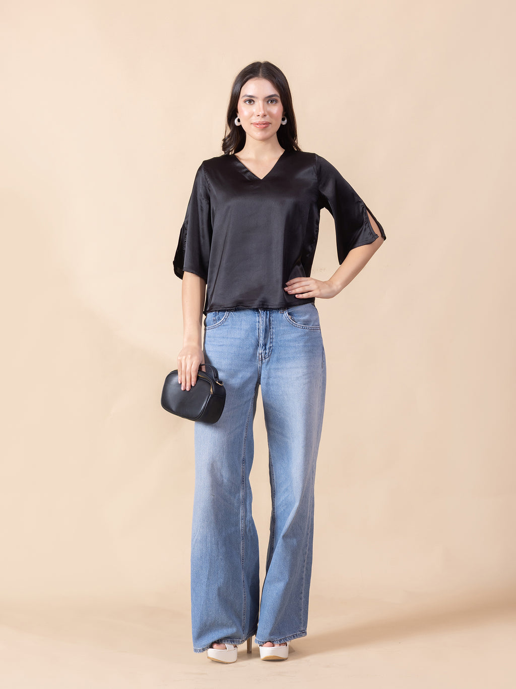 Women Solid Slit Sleeve Satin Top