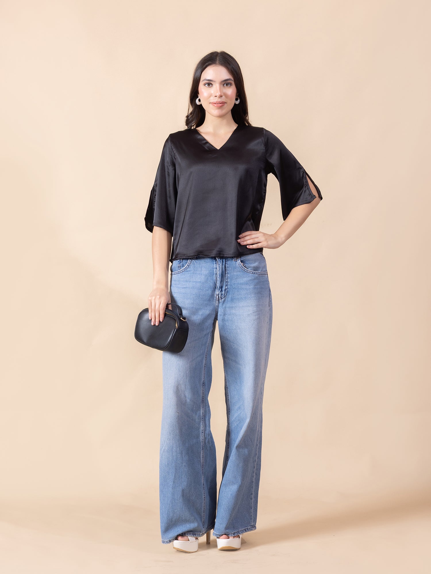 Women Solid Slit Sleeve Satin Top