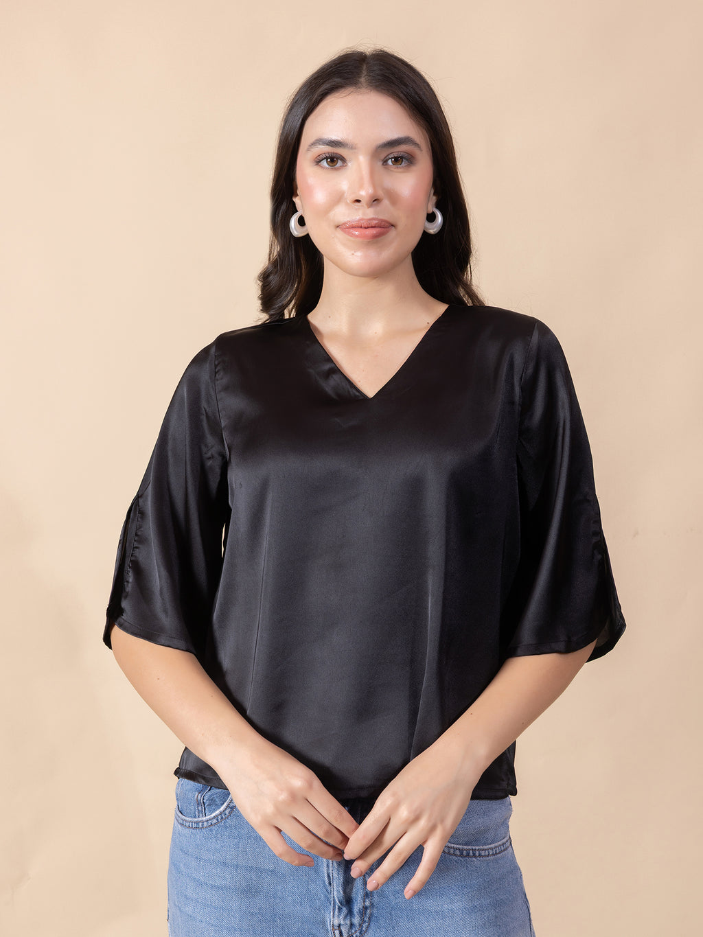 Women Solid Slit Sleeve Satin Top