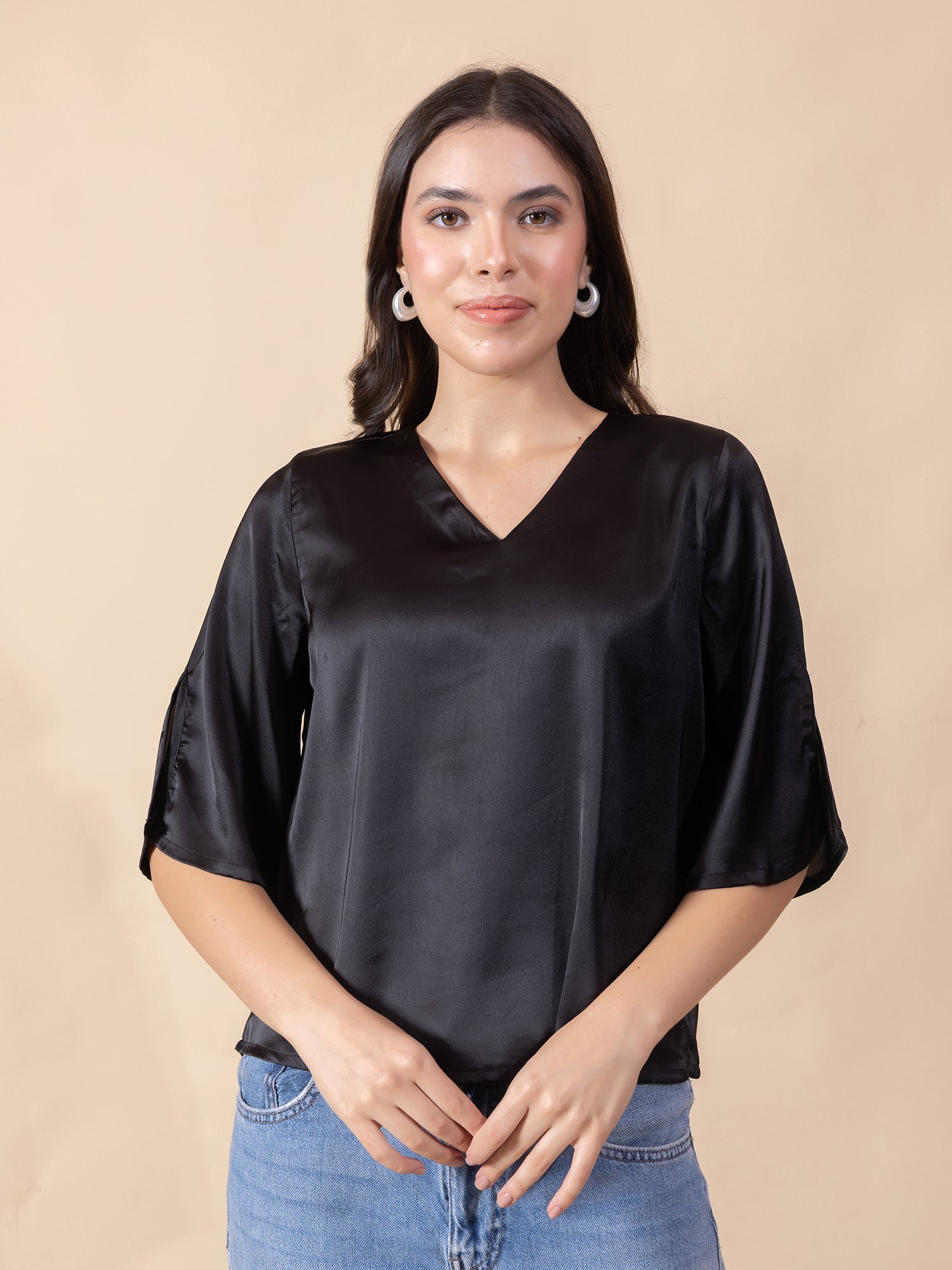 Women Solid Slit Sleeve Satin Top