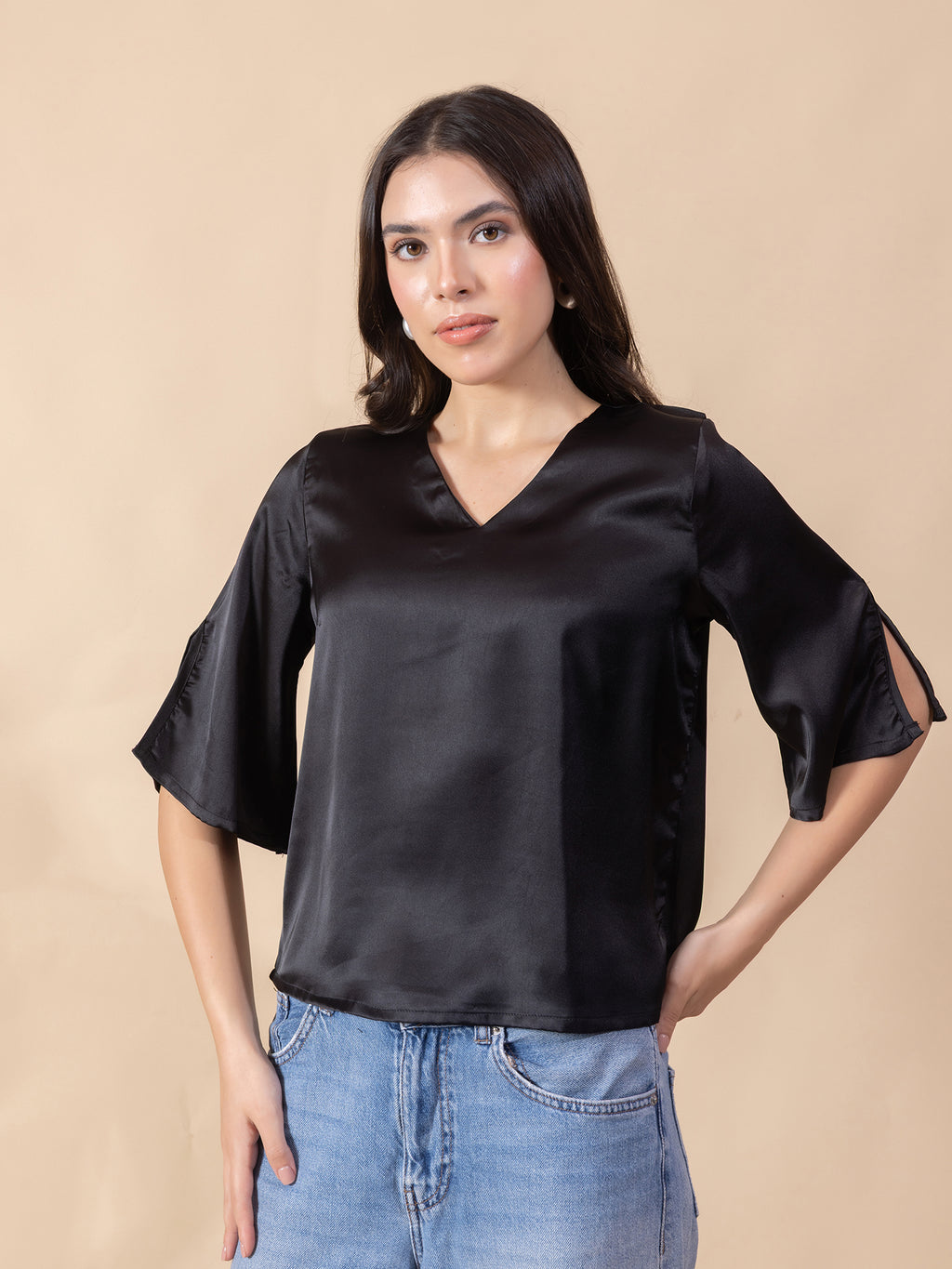 Women Solid Slit Sleeve Satin Top