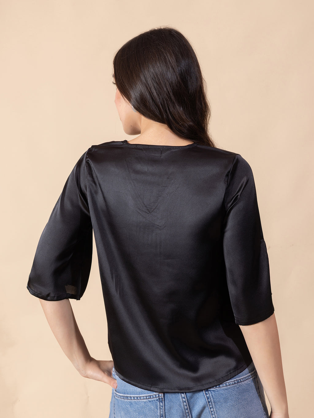 Women Solid Slit Sleeve Satin Top