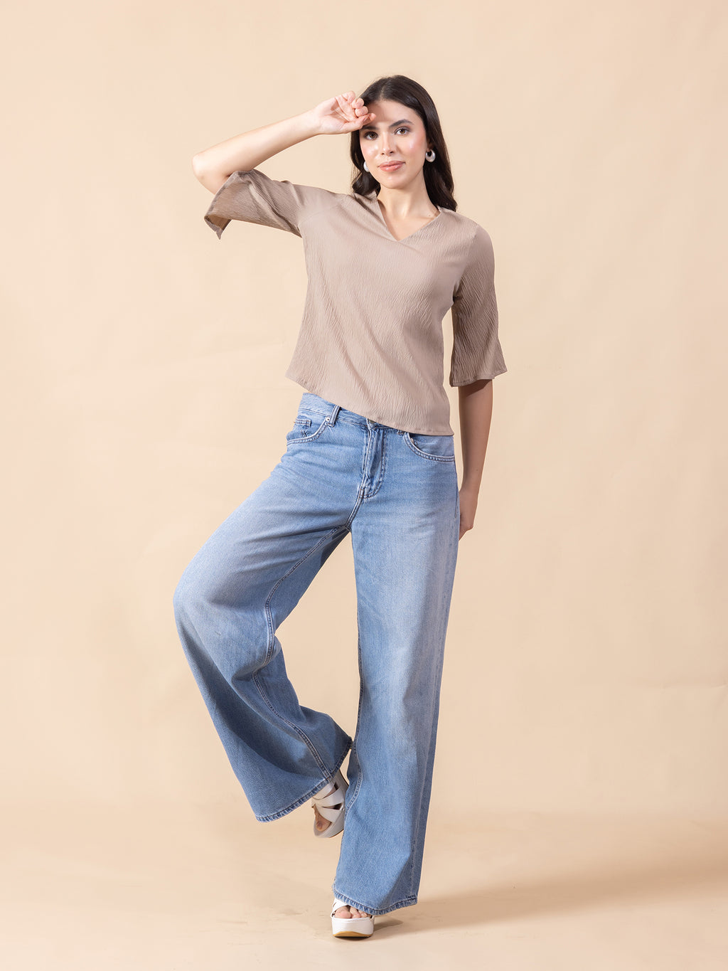 Masami Women's Crepe Solid Beige Top