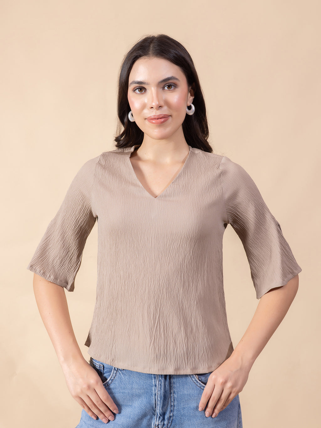 Masami Women's Crepe Solid Beige Top