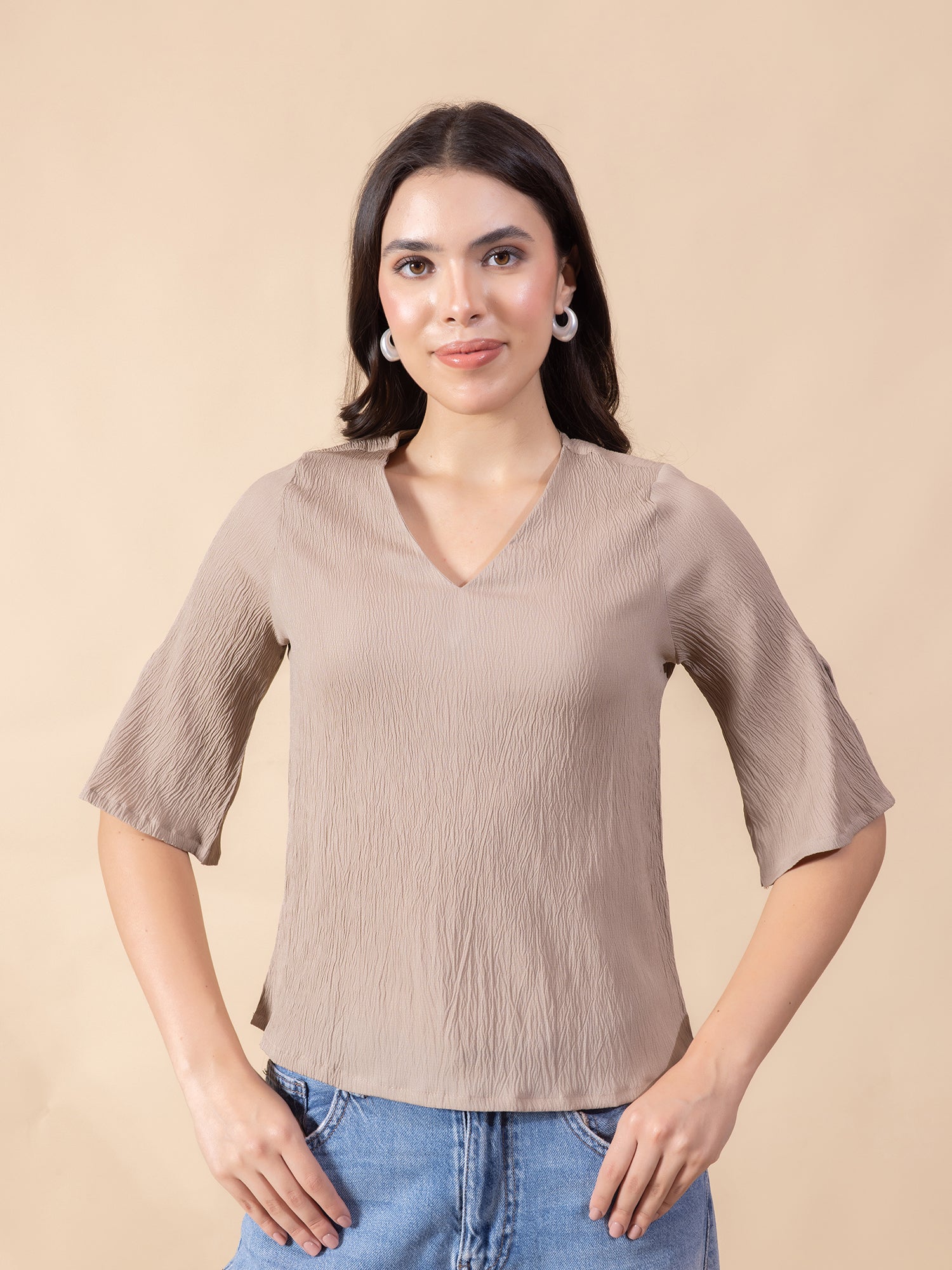 Masami Women's Crepe Solid Beige Top
