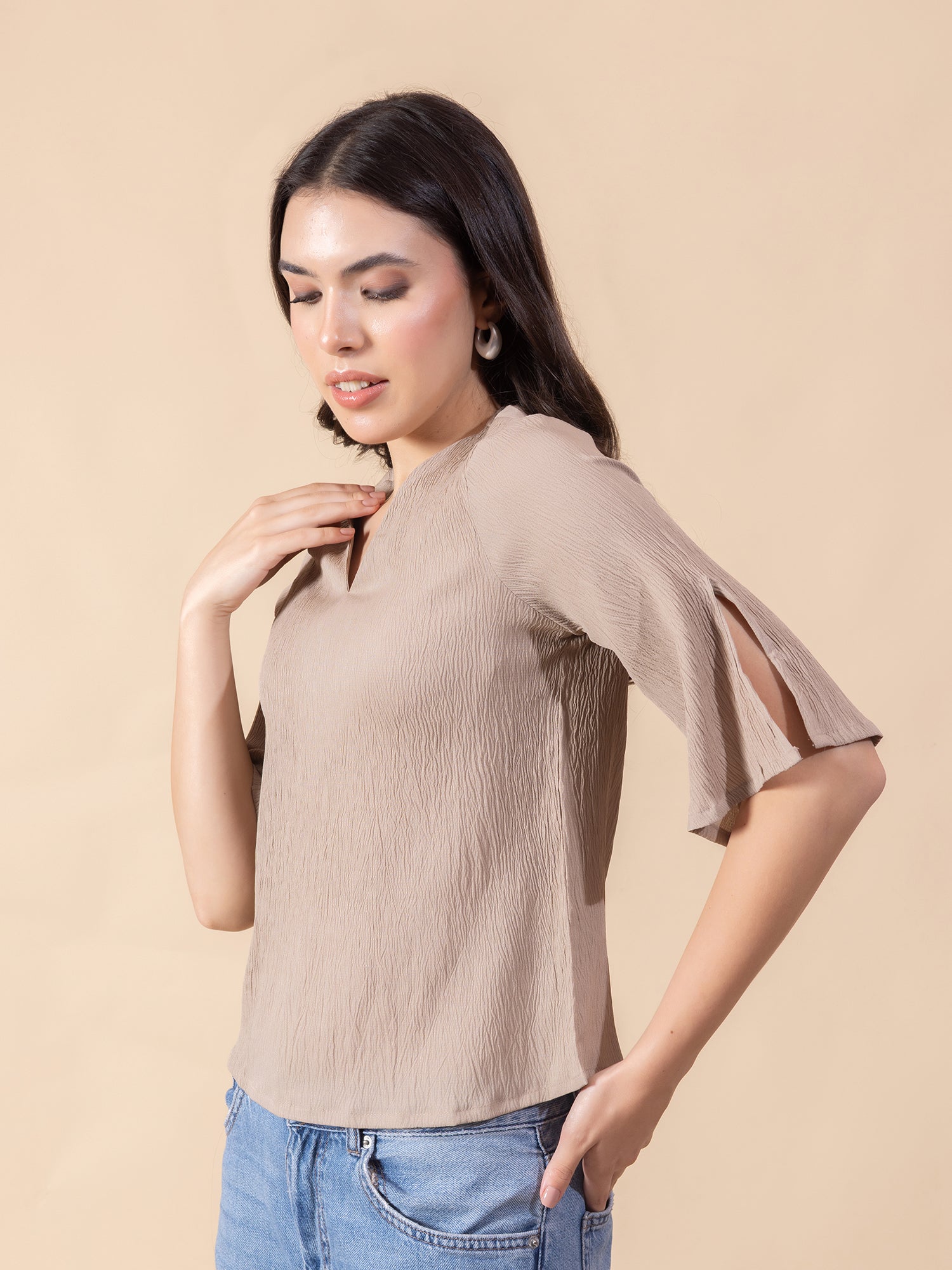 Masami Women's Crepe Solid Beige Top