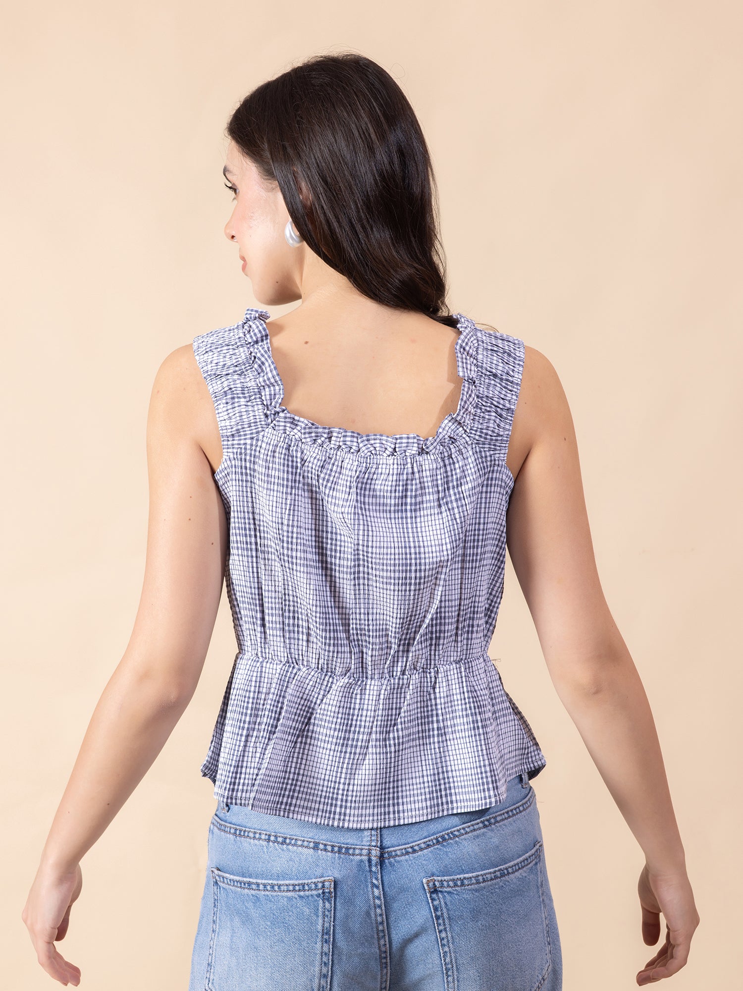 Masami Women's Poly Elastane Checked White Top