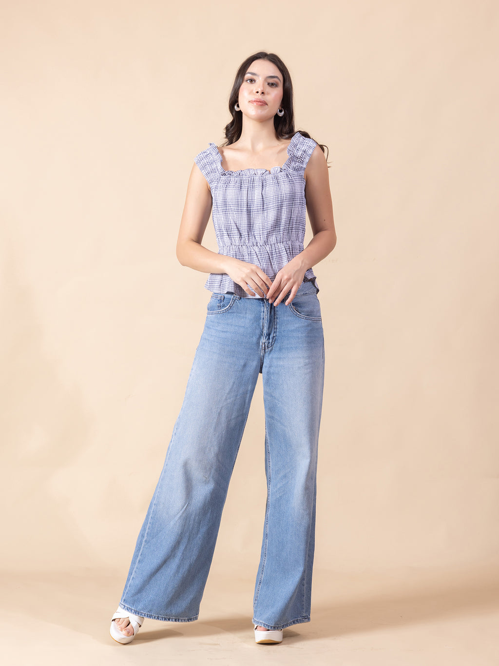 Masami Women's Poly Elastane Checked White Top