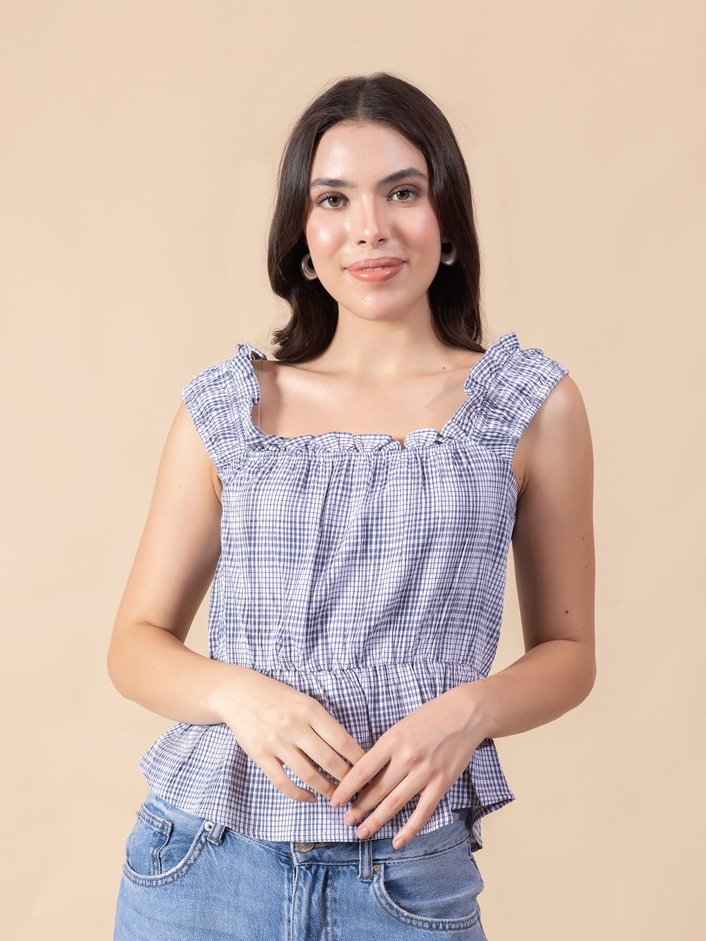 Masami Women's Poly Elastane Checked White Top