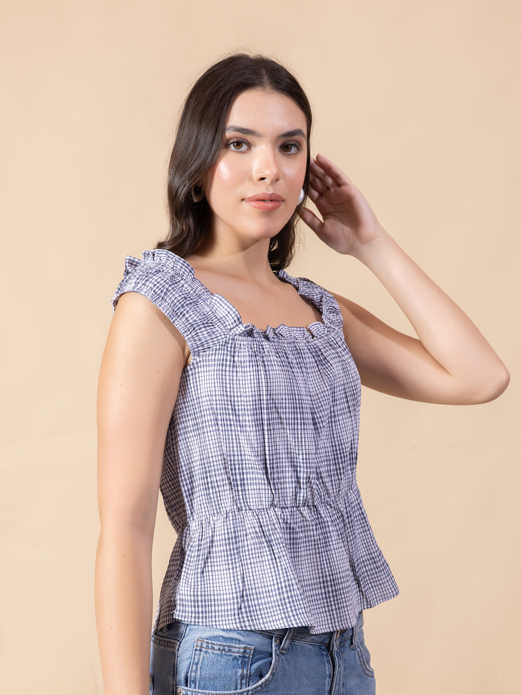 Masami Women's Poly Elastane Checked White Top