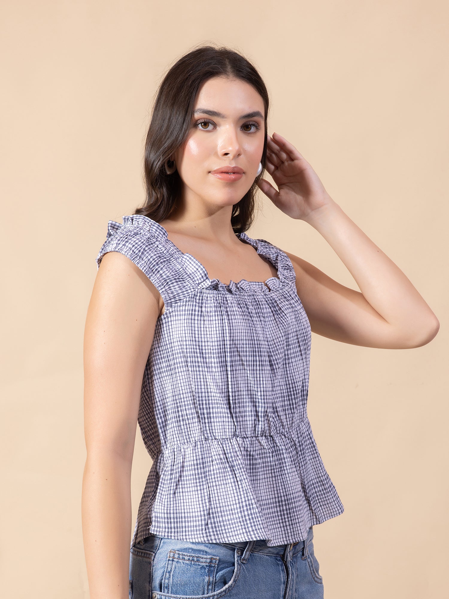 Masami Women's Poly Elastane Checked White Top