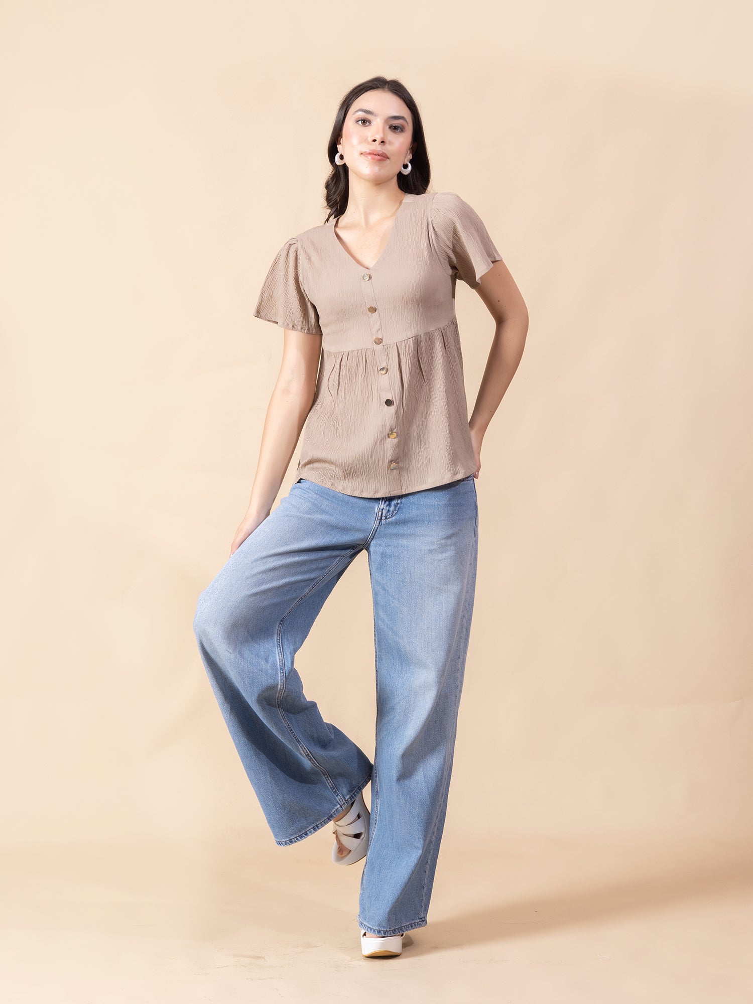 Masami Women Solid V Neck Flare Sleeve Top