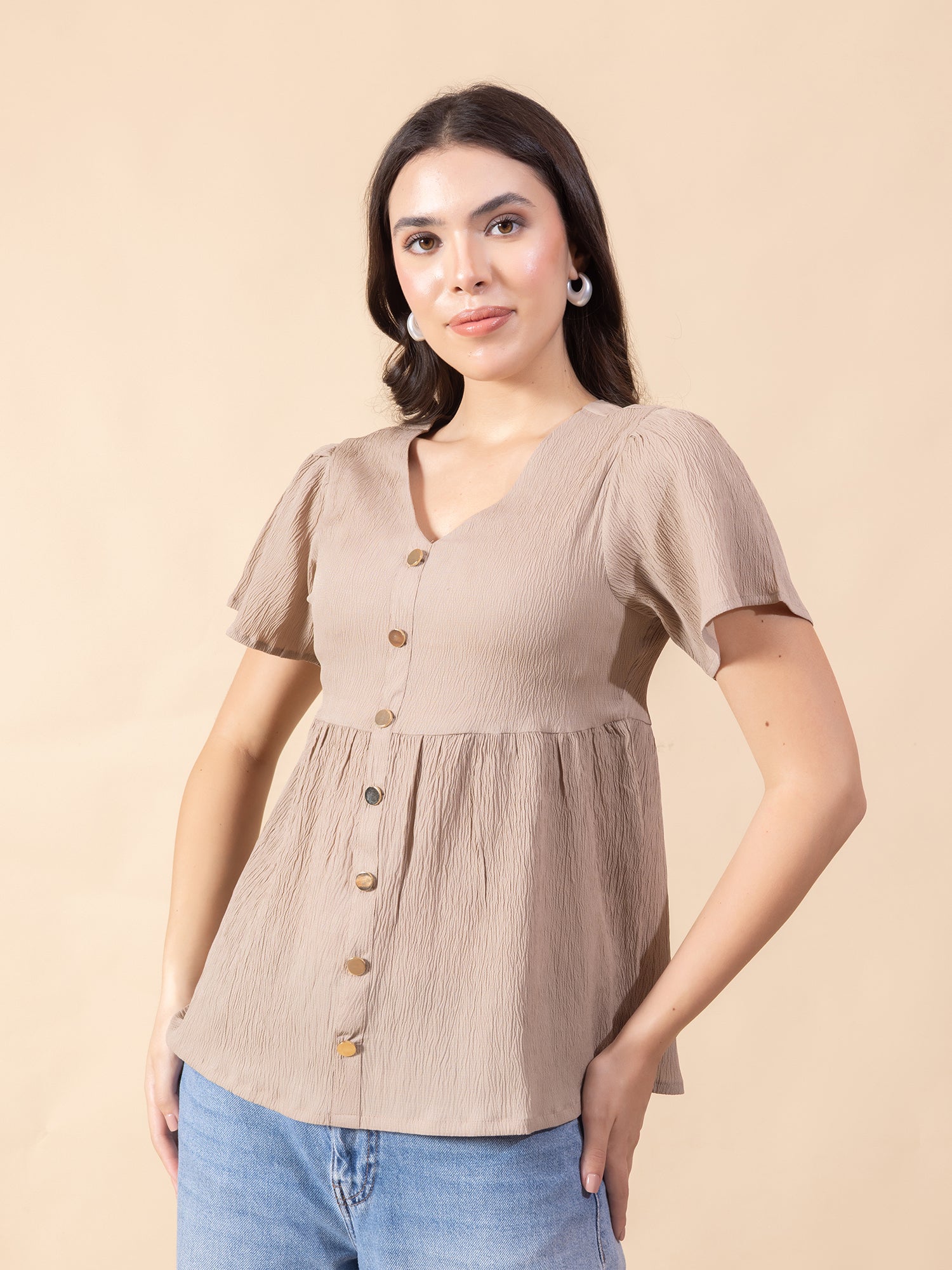 Masami Women Solid V Neck Flare Sleeve Top