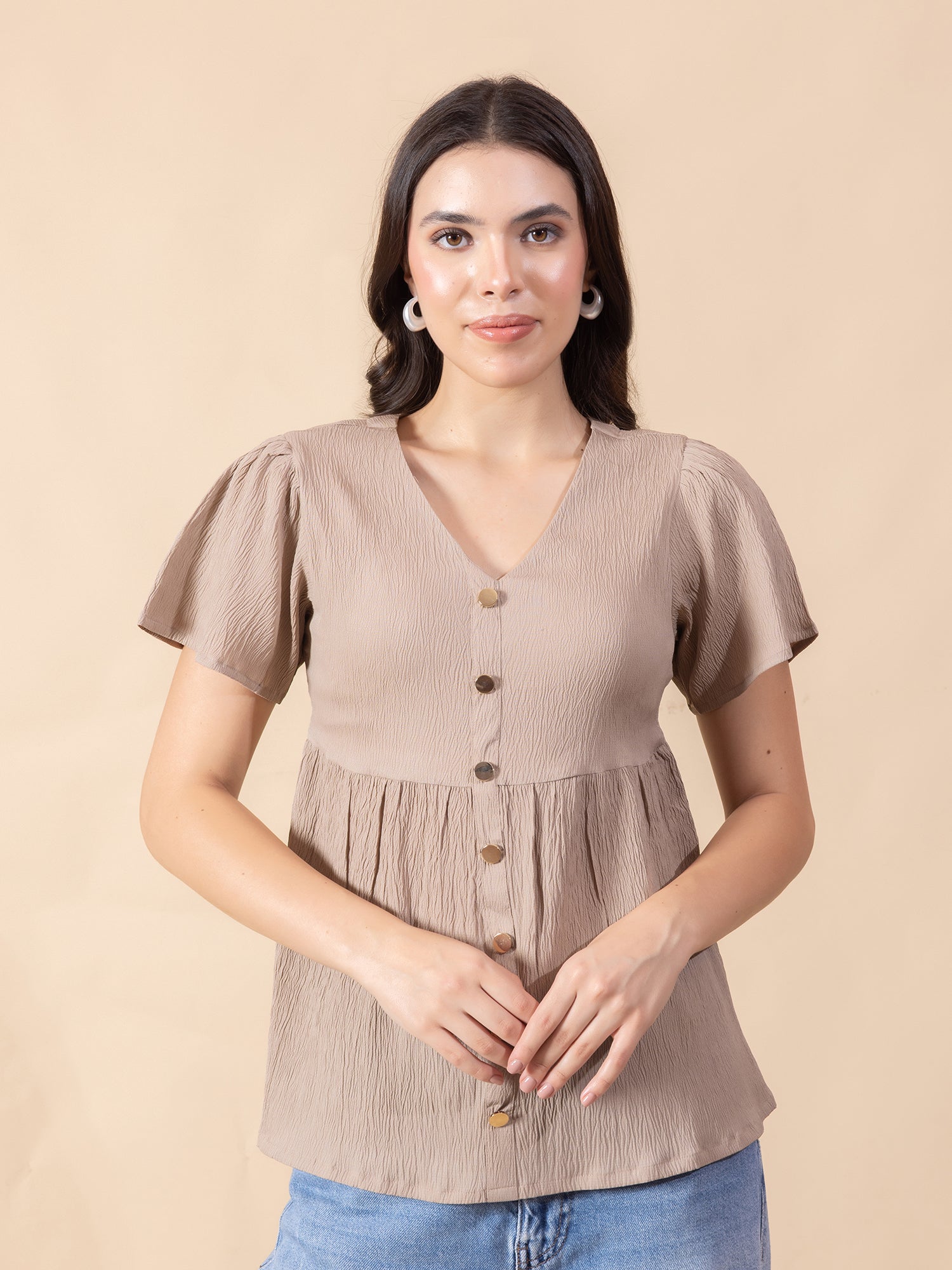 Masami Women Solid V Neck Flare Sleeve Top