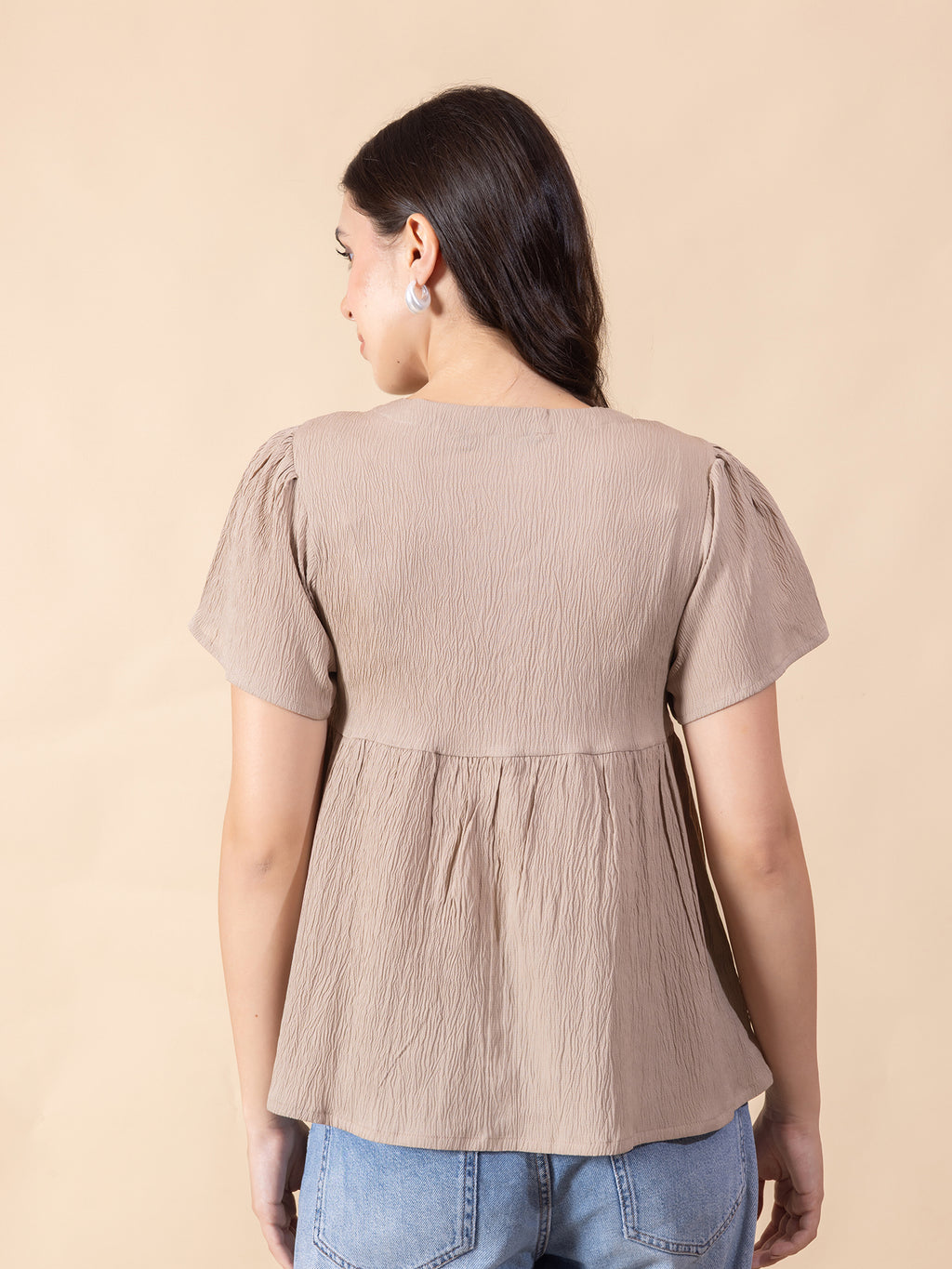 Masami Women Solid V Neck Flare Sleeve Top