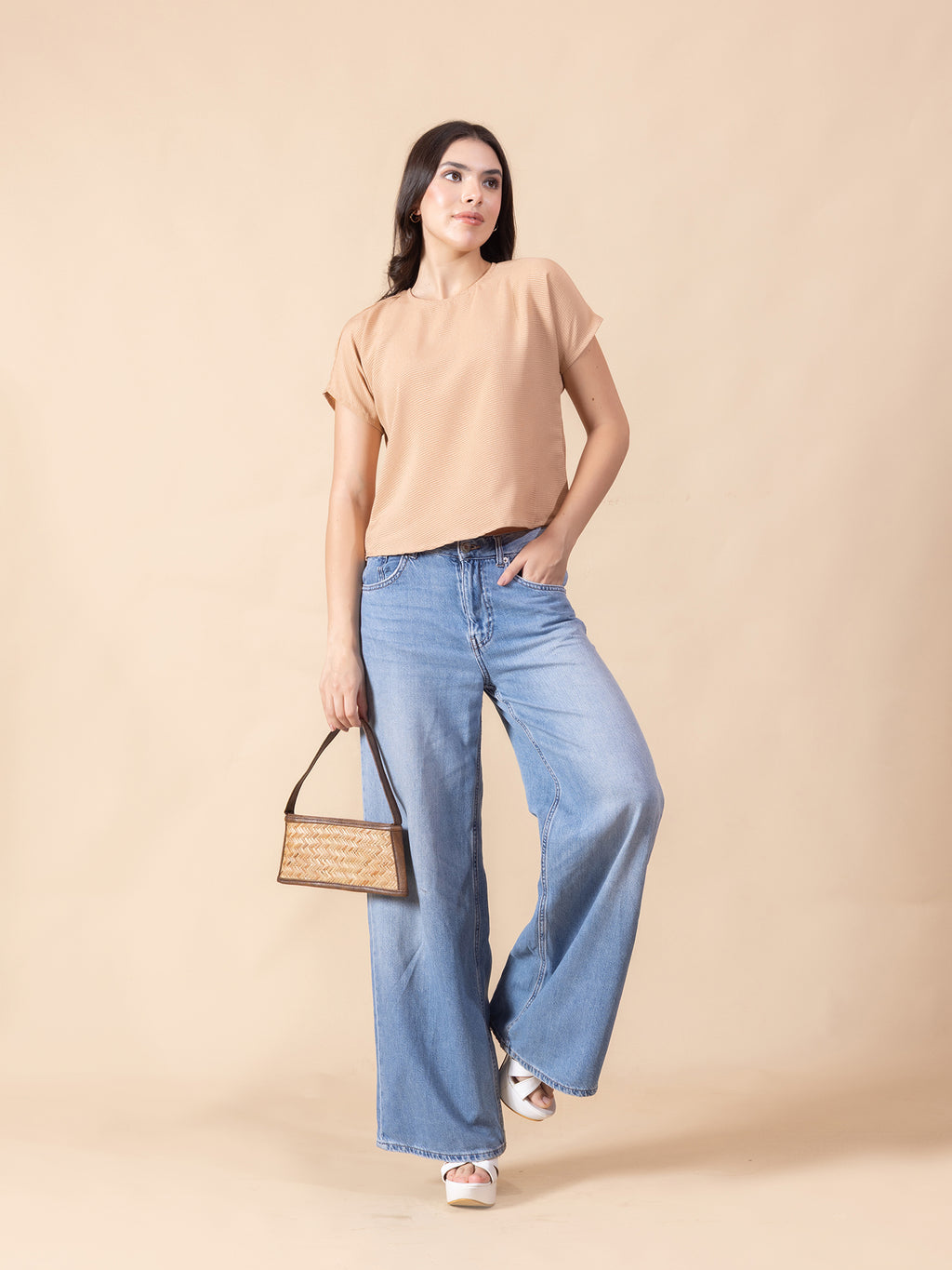 Women Beige Self Design Striped Satin Top