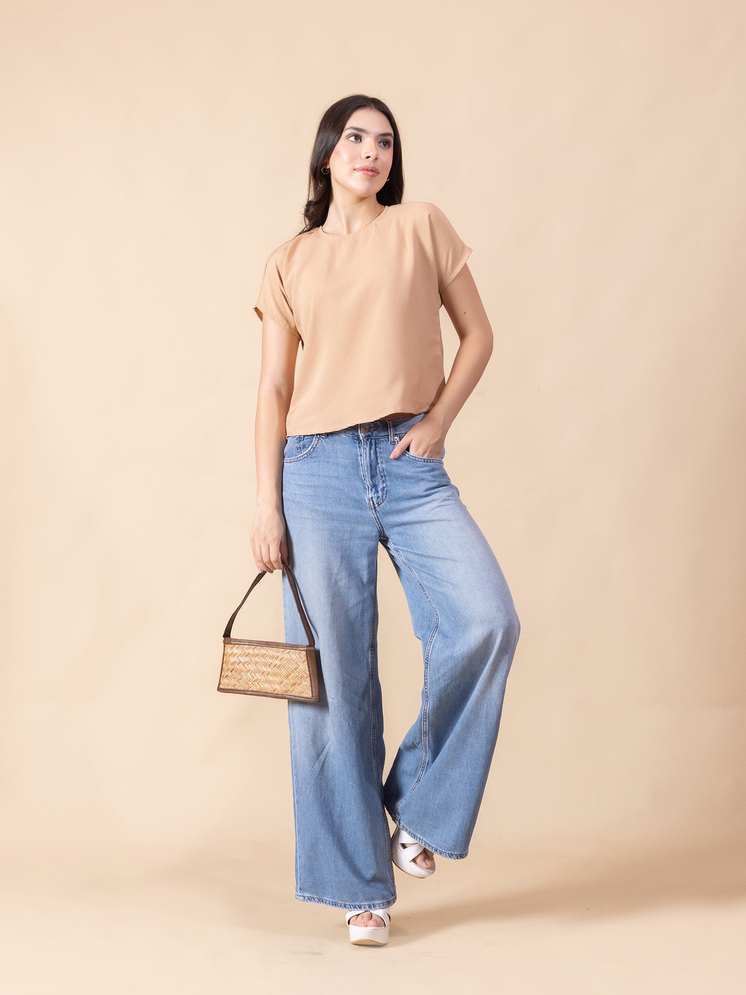 Women Beige Self Design Striped Satin Top