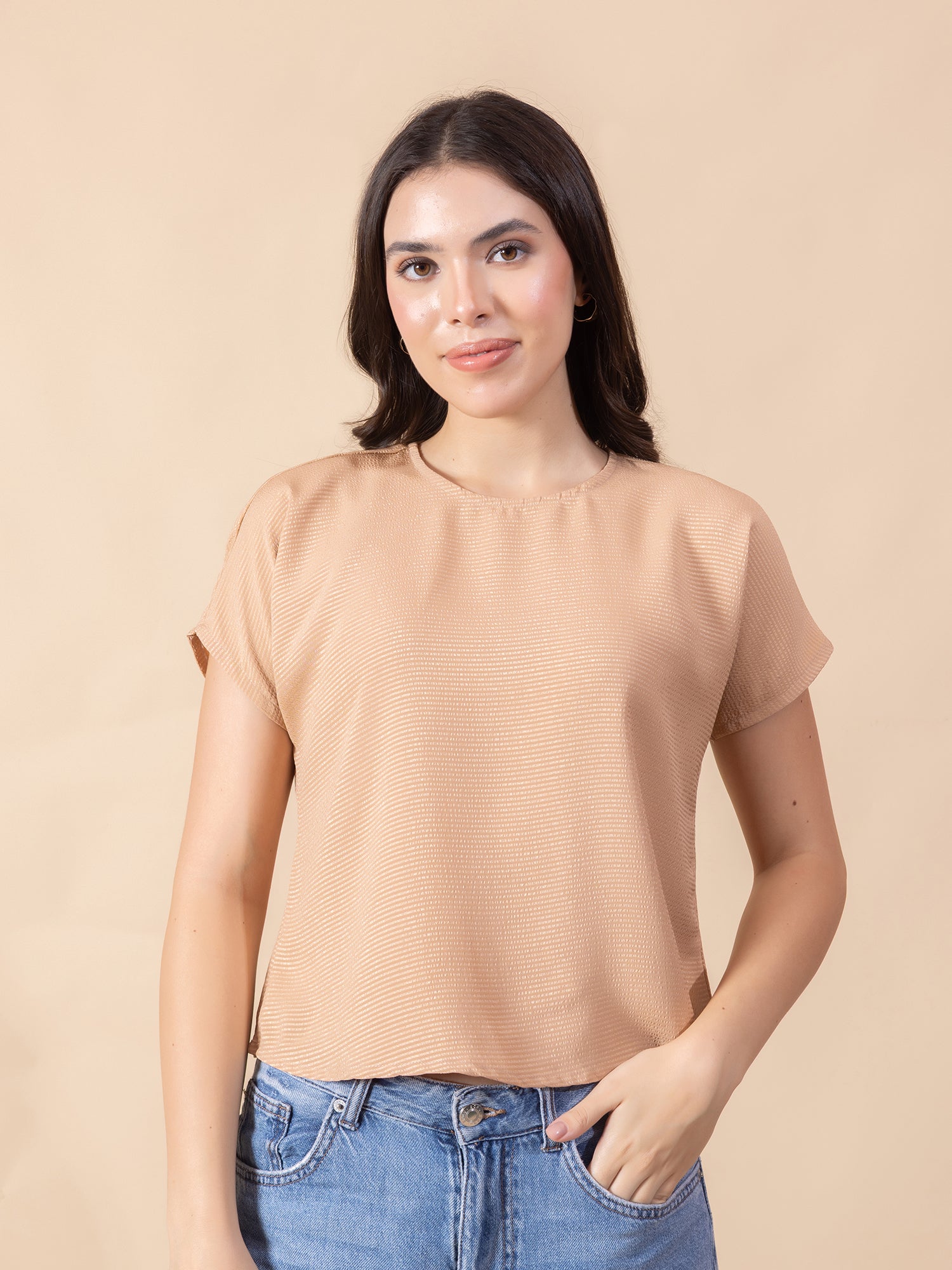 Women Beige Self Design Striped Satin Top