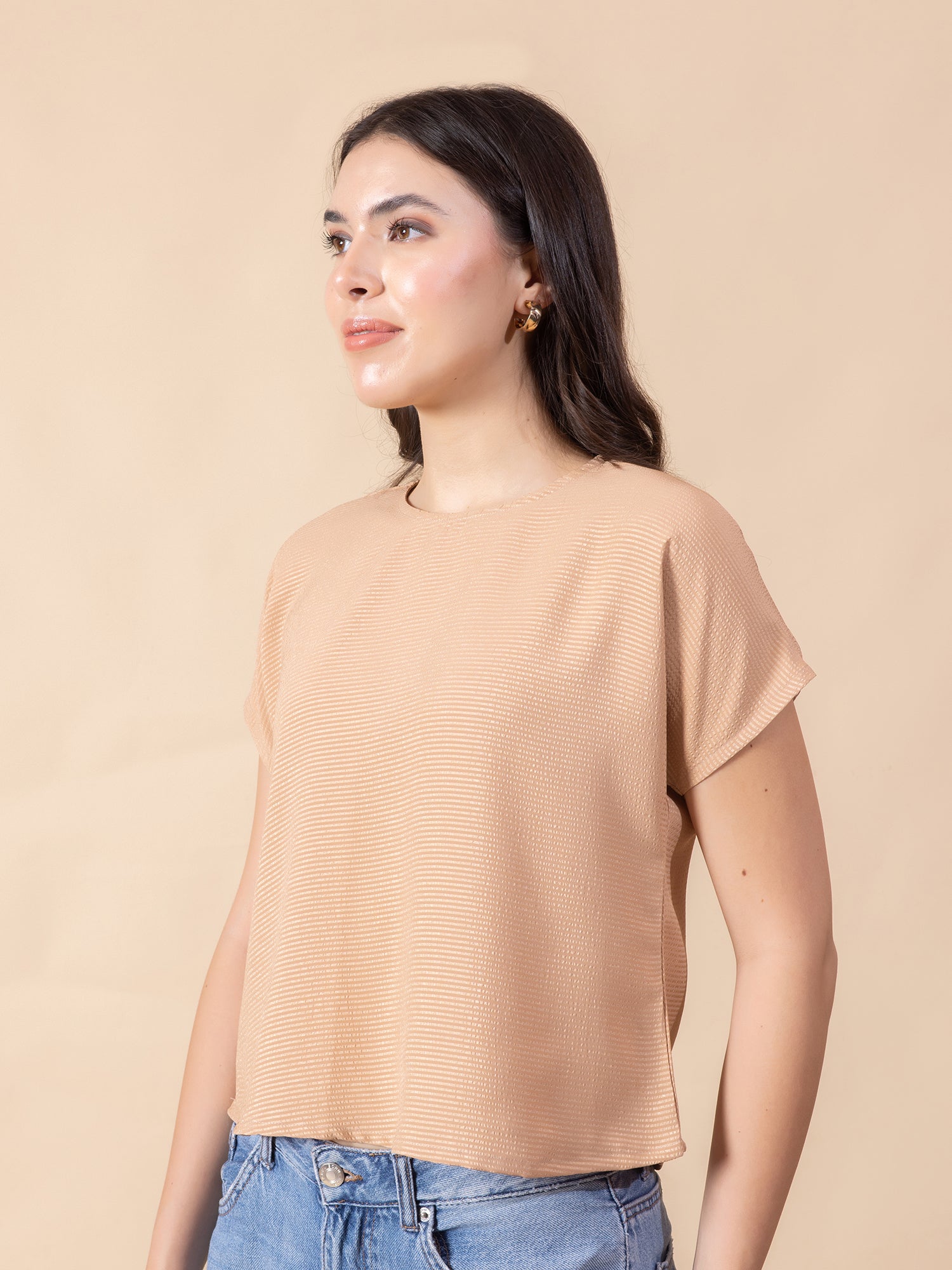 Women Beige Self Design Striped Satin Top