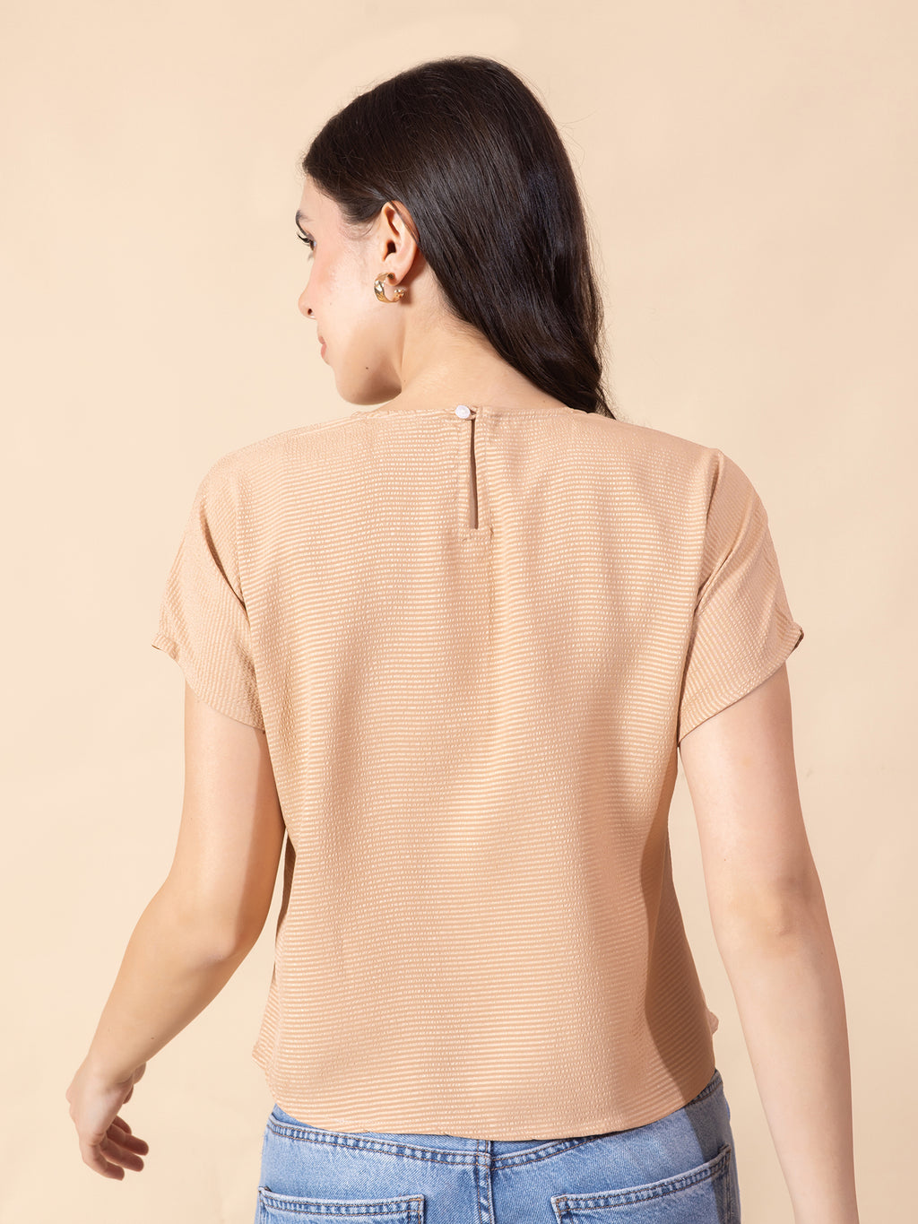 Women Beige Self Design Striped Satin Top