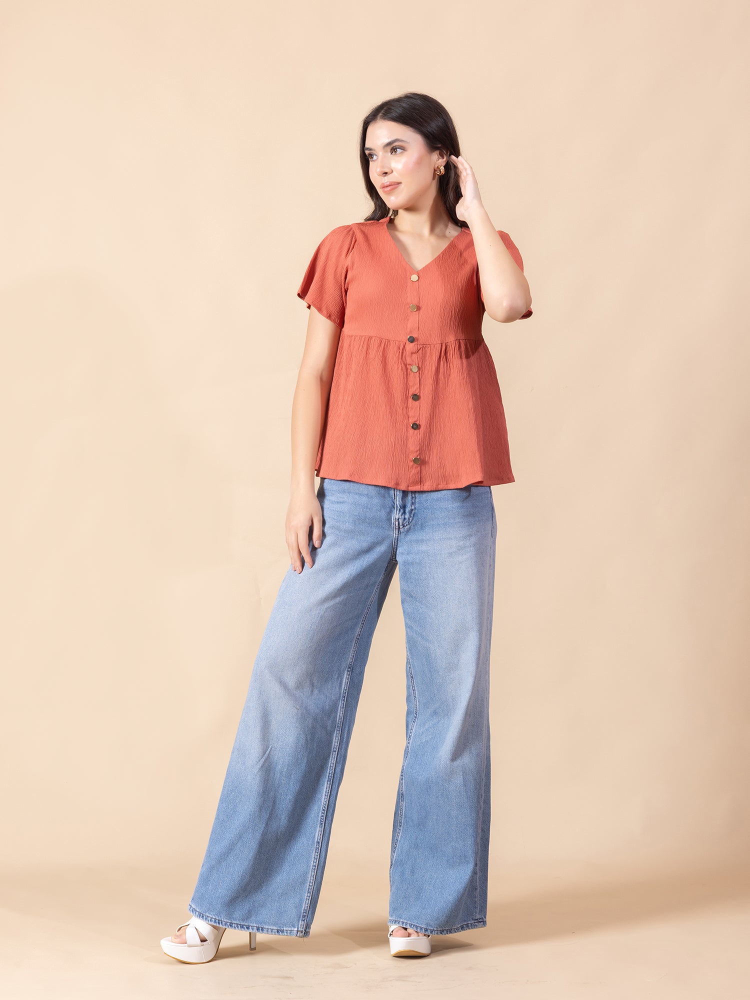 Masami Women Solid V Neck Flare Sleeve Top