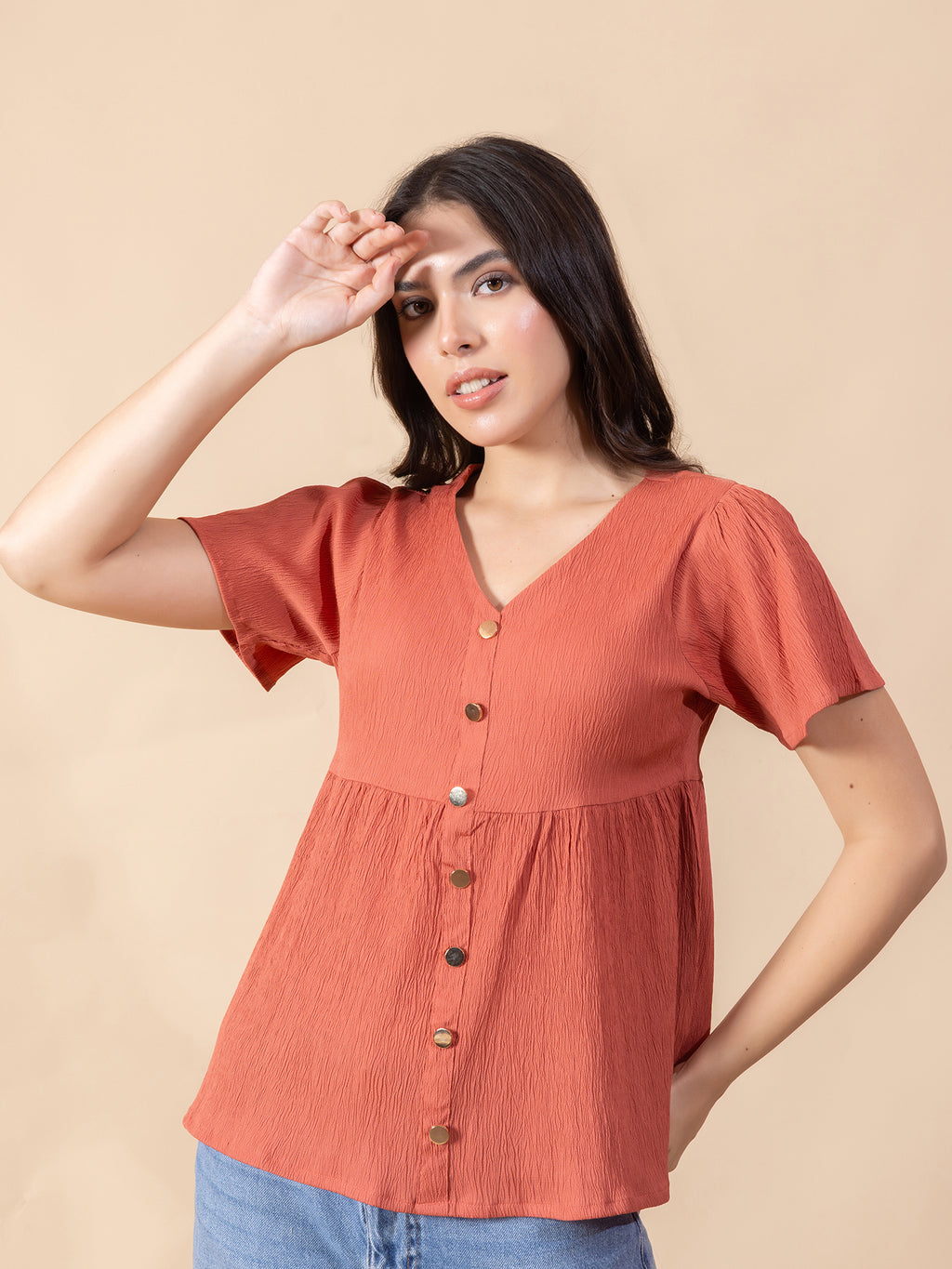 Masami Women Solid V Neck Flare Sleeve Top