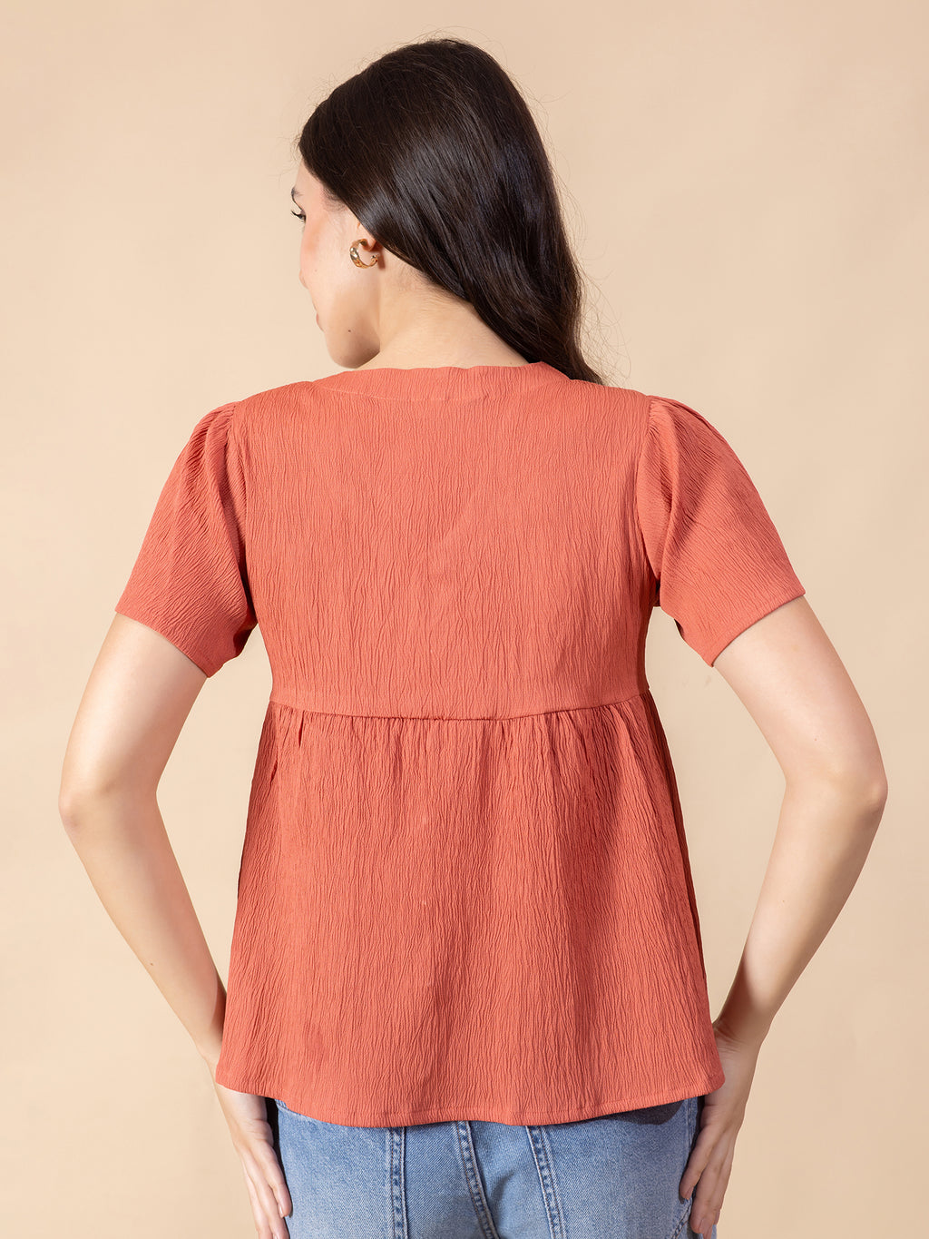 Masami Women Solid V Neck Flare Sleeve Top