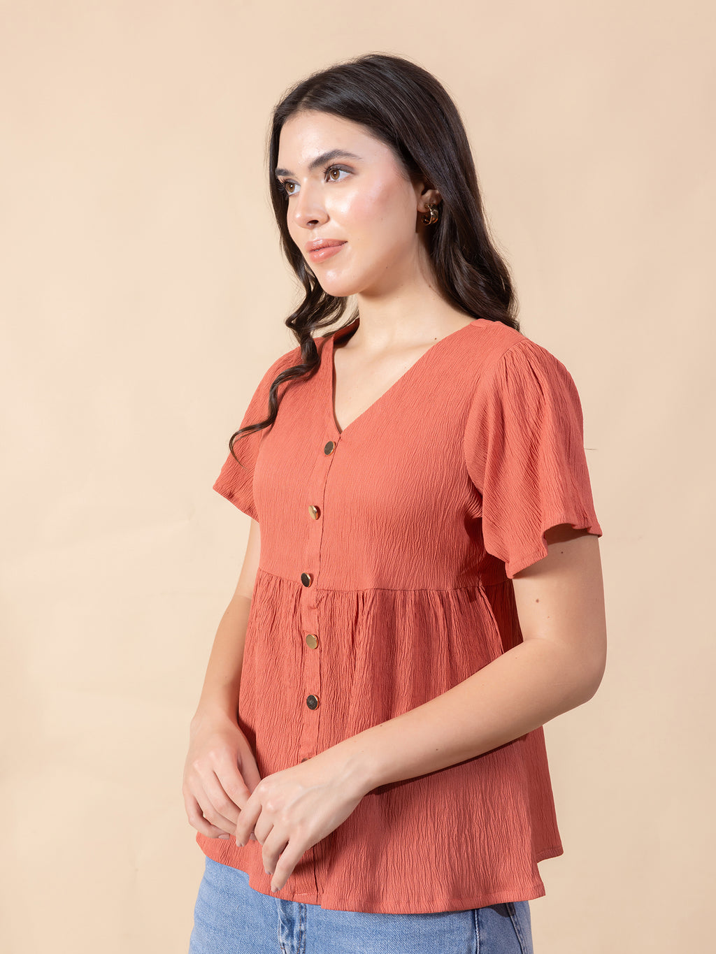 Masami Women Solid V Neck Flare Sleeve Top