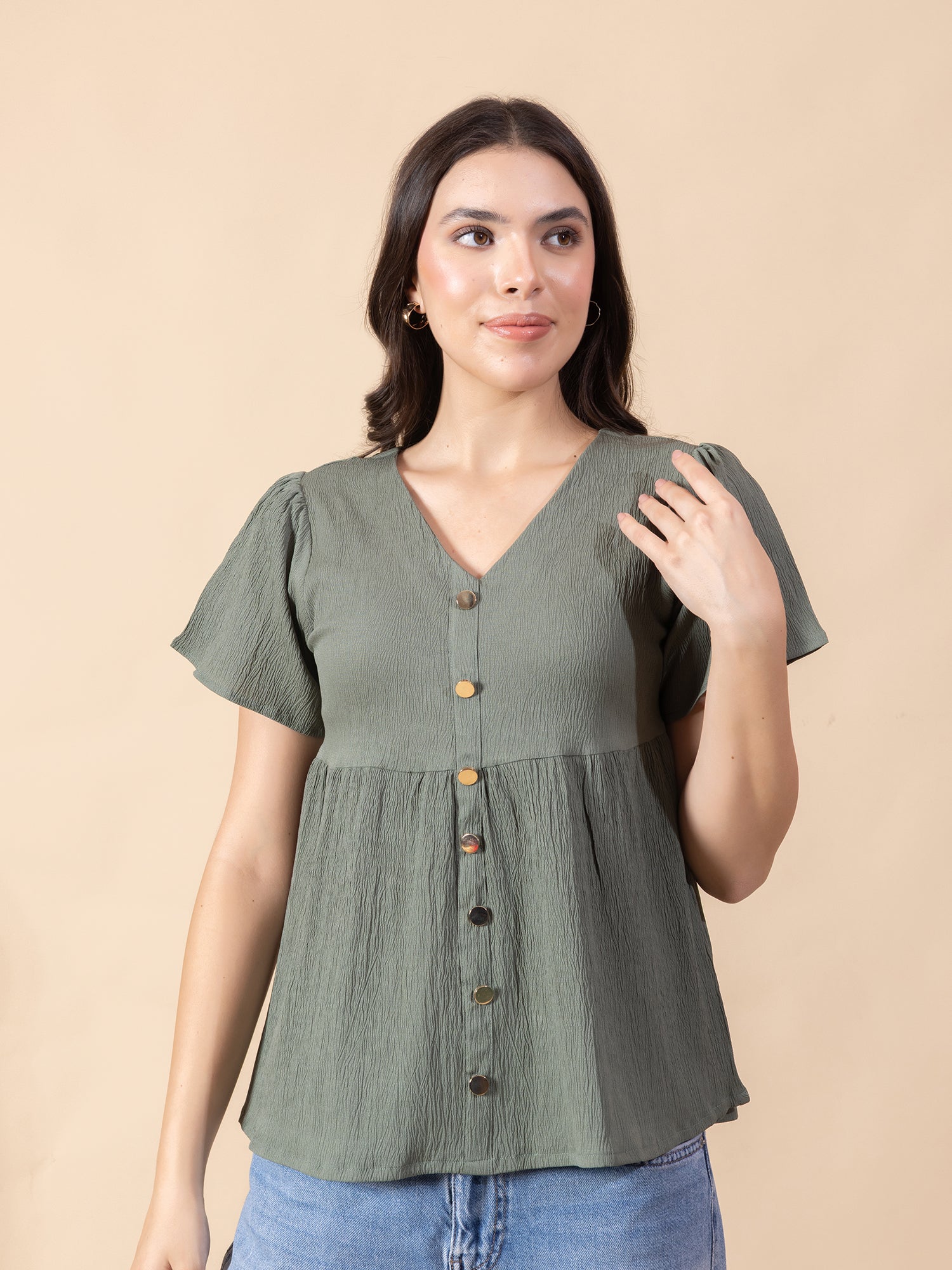 Masami Women Solid V Neck Flare Sleeve Top