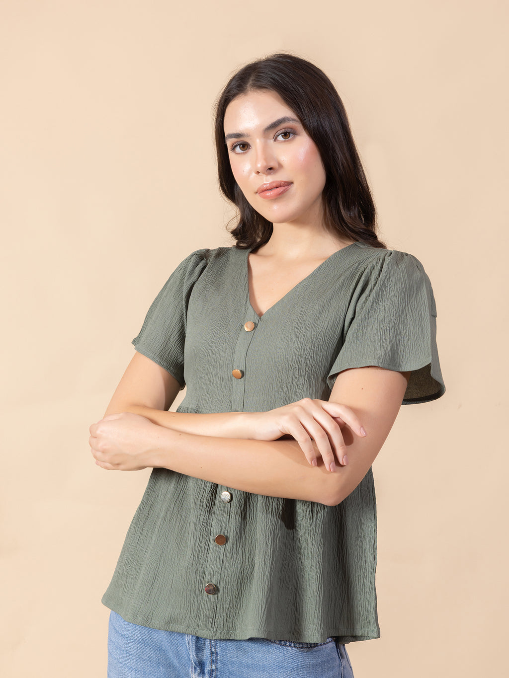 Masami Women Solid V Neck Flare Sleeve Top