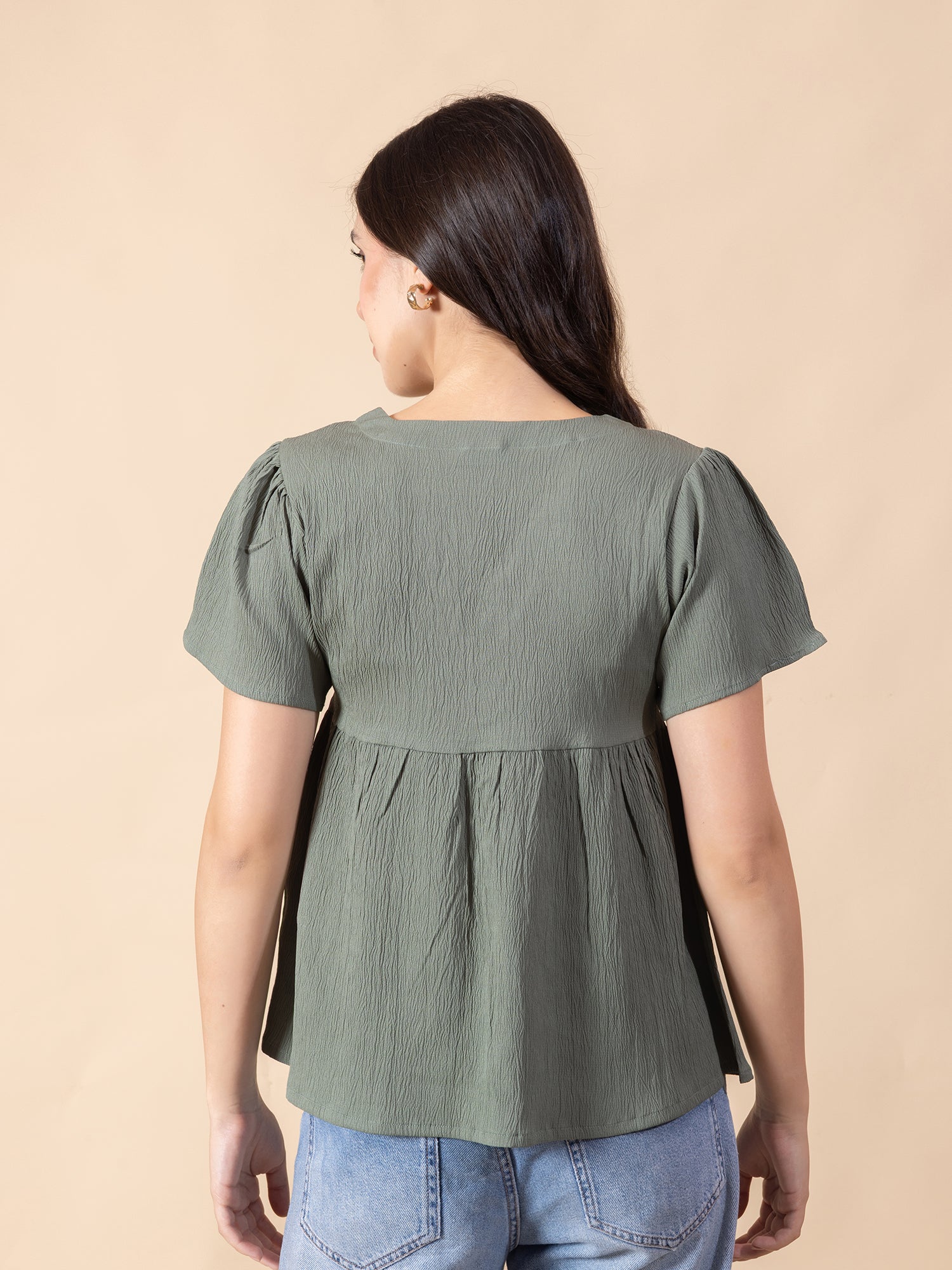 Masami Women Solid V Neck Flare Sleeve Top