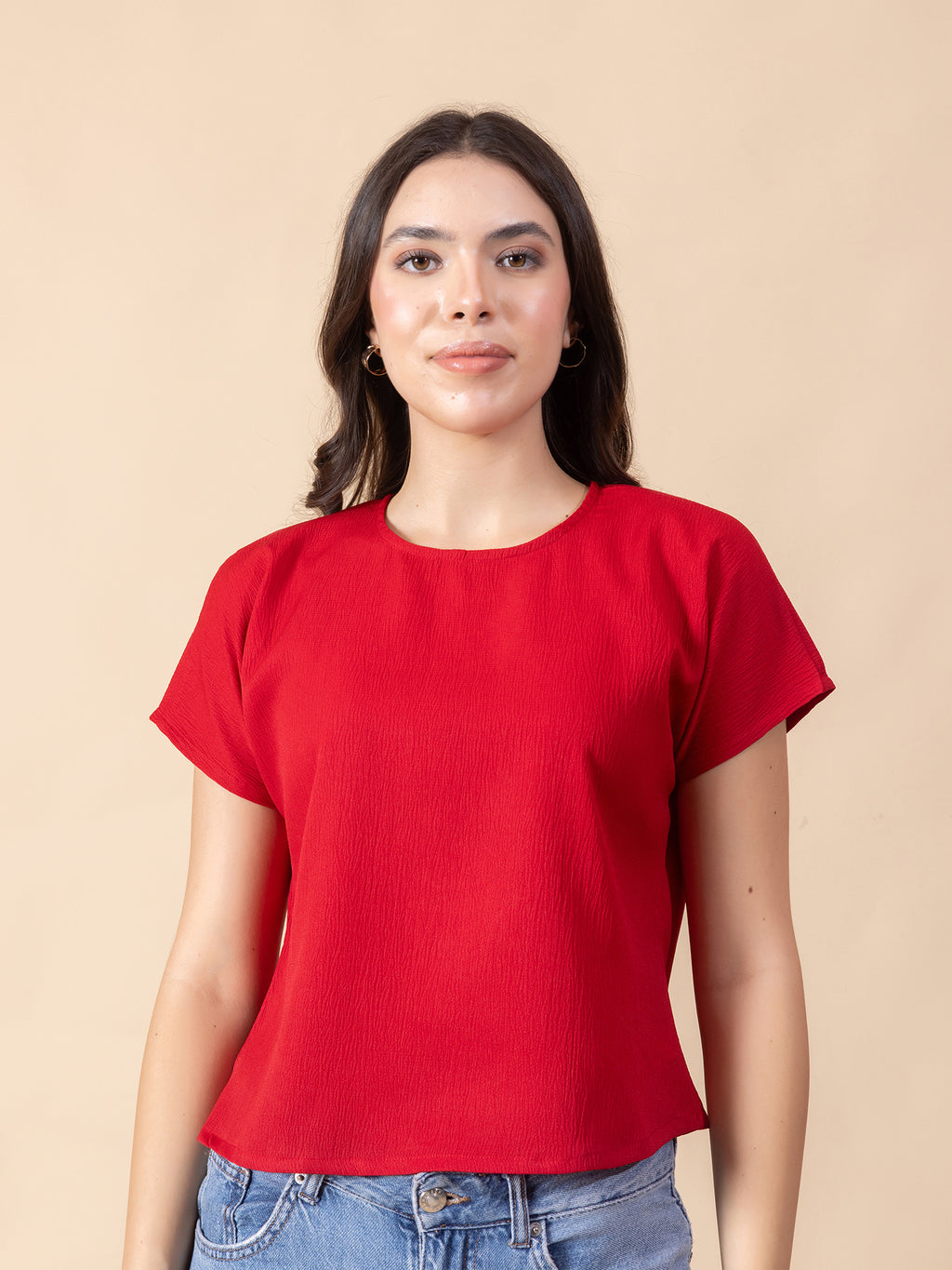 Masami Women's Crepe Solid Red Top