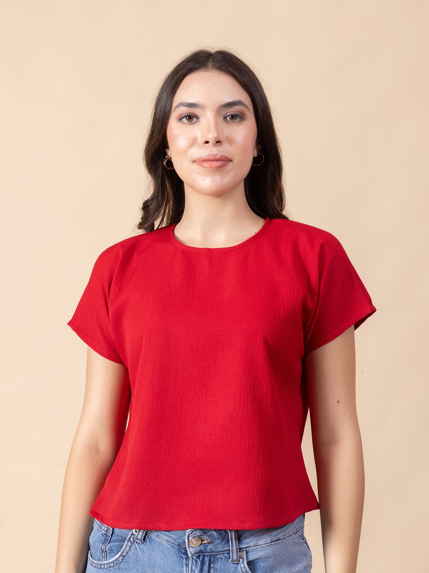 Masami Women's Crepe Solid Red Top