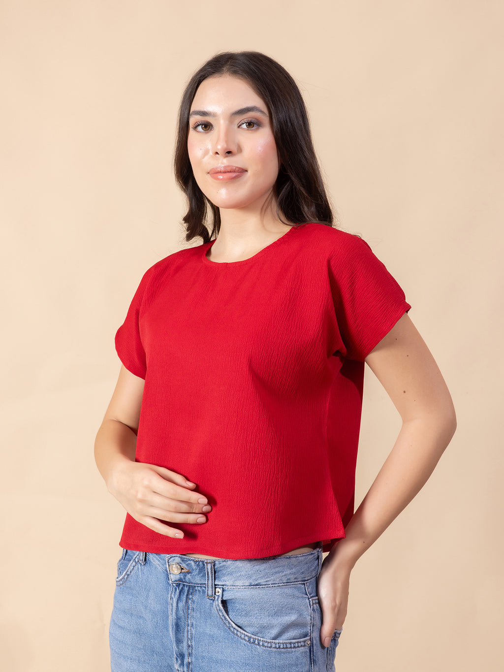 Masami Women's Crepe Solid Red Top