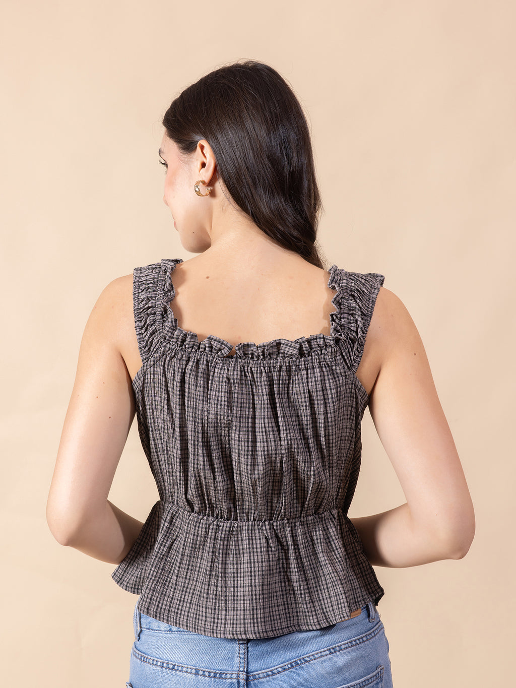 Masami Women Checked Printed Square Neck Sleeveless Peplum Top