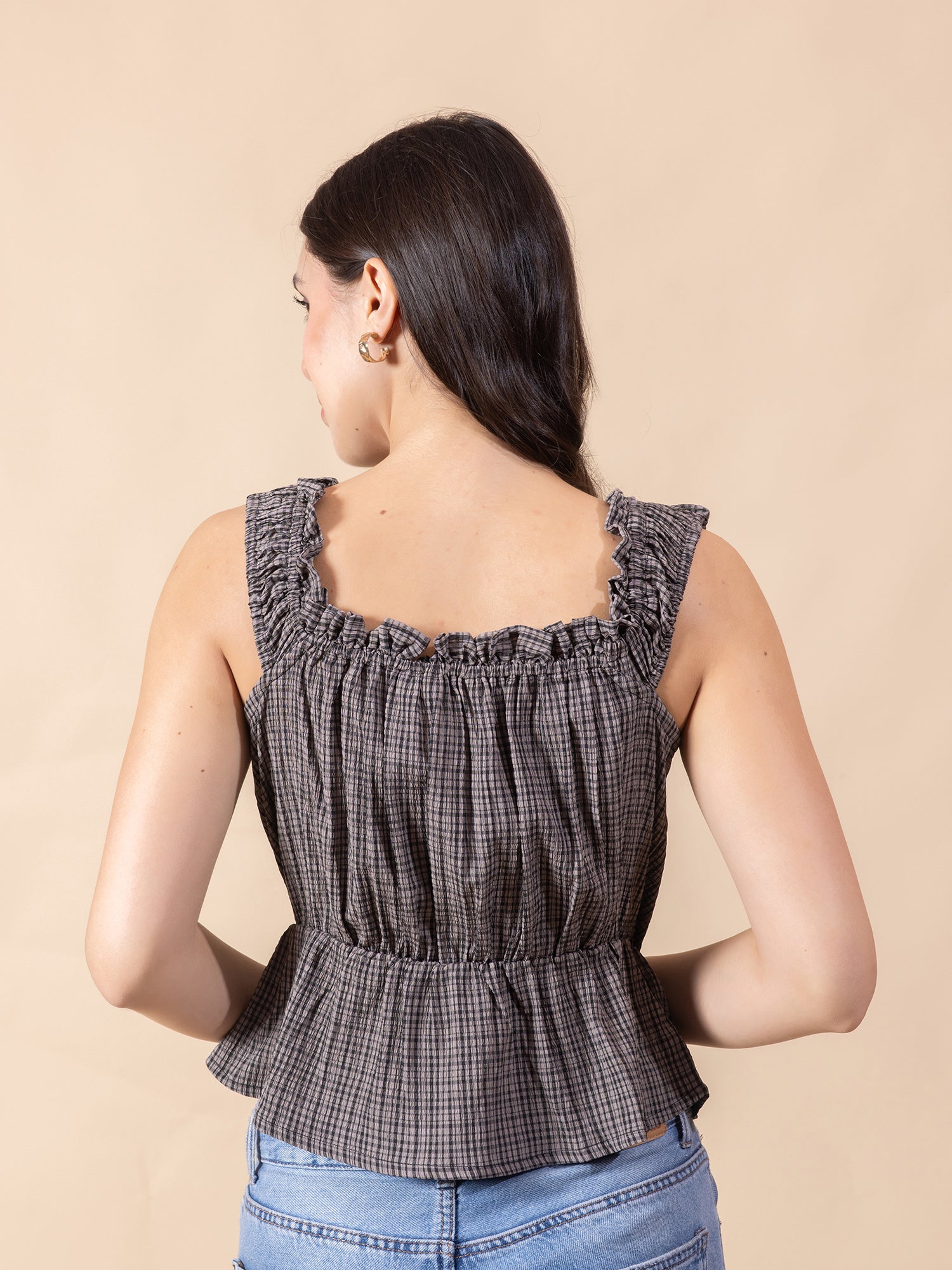 Masami Women Checked Printed Square Neck Sleeveless Peplum Top