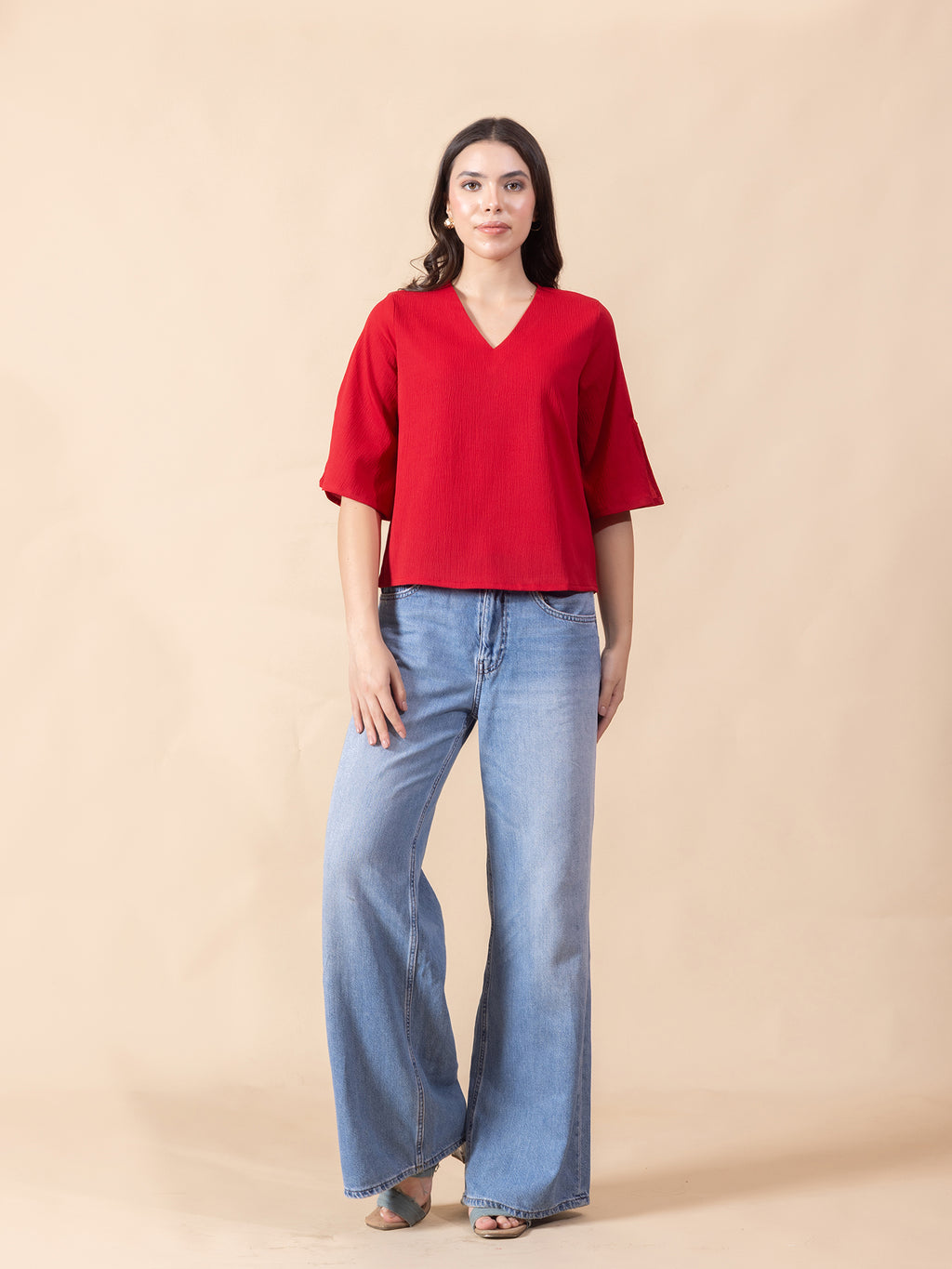 Masami Women Crepe Solid Red Top