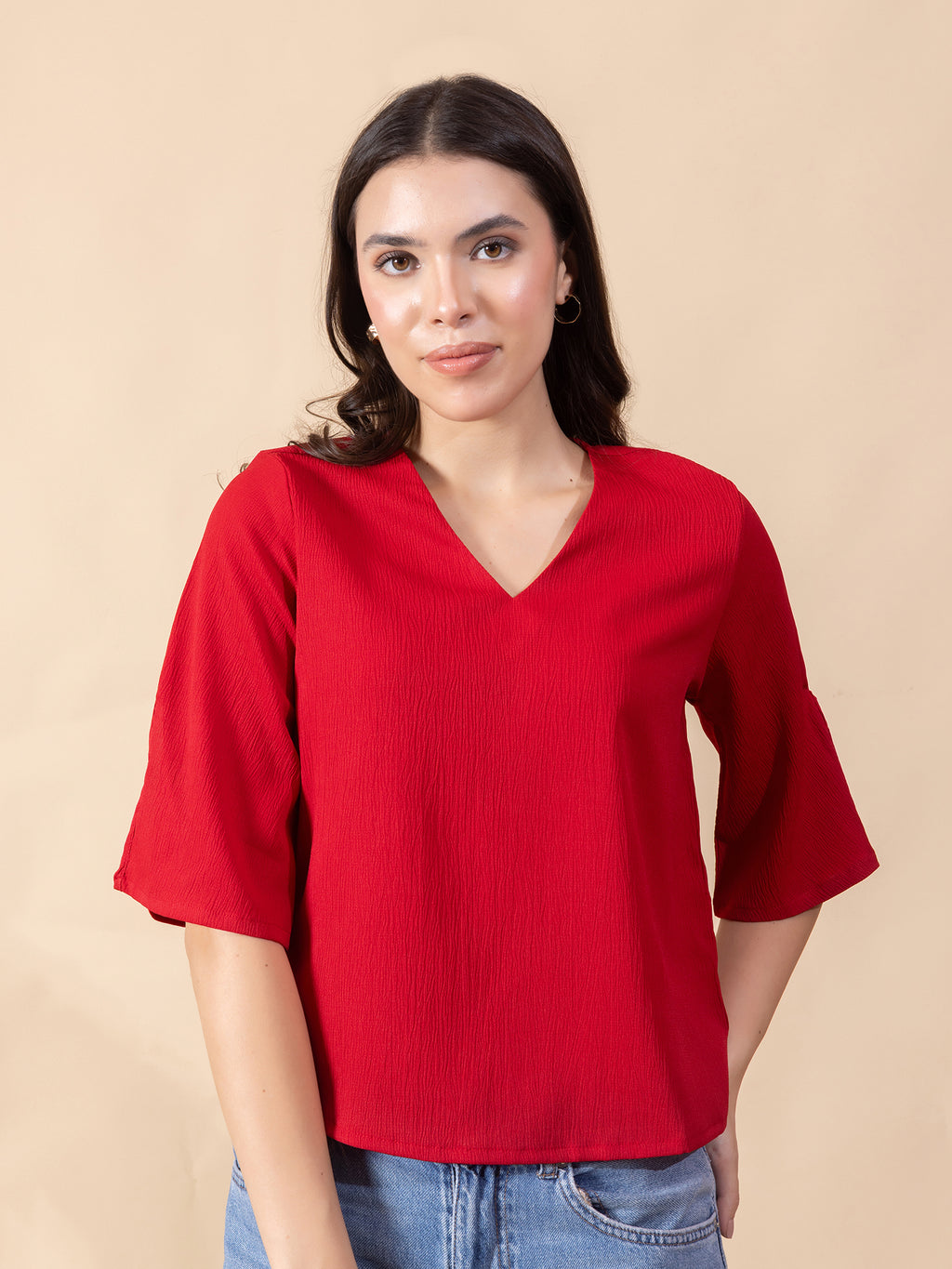Masami Women Crepe Solid Red Top