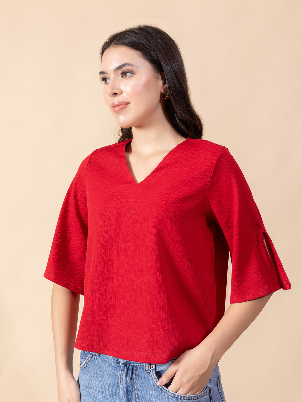 Masami Women Crepe Solid Red Top