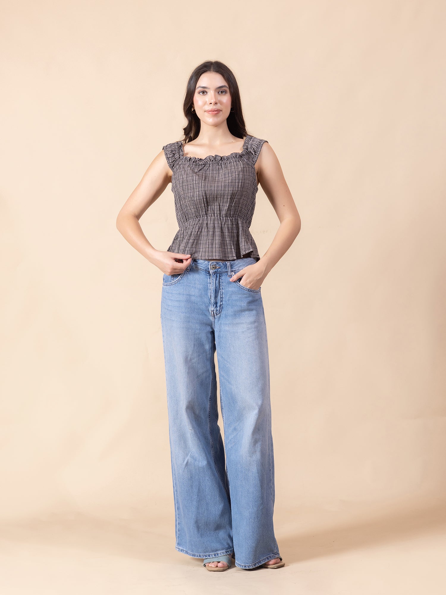 Masami Women Checked Printed Square Neck Sleeveless Peplum Top